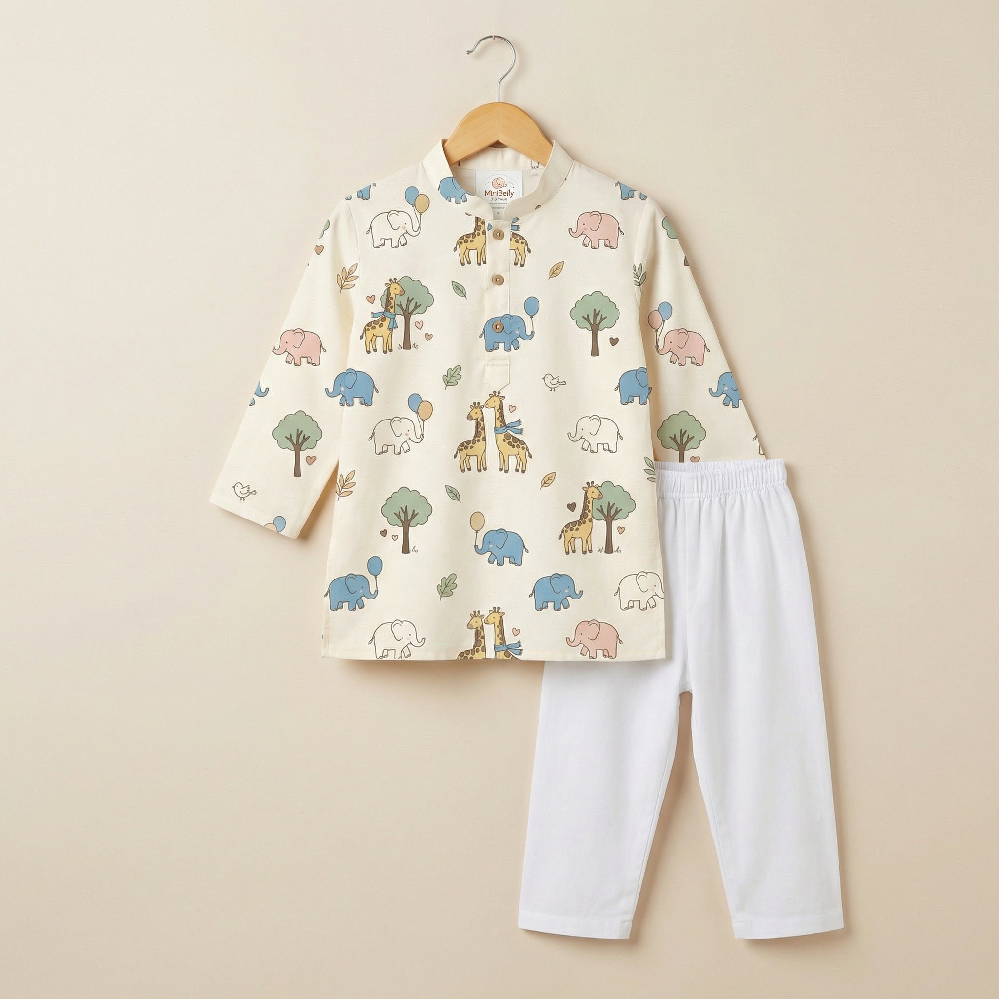 MiniBelly Kurta Pajama Set Cute cartoon giraffes and elephants nursery seamless pattern 100% Cotton - minibelly