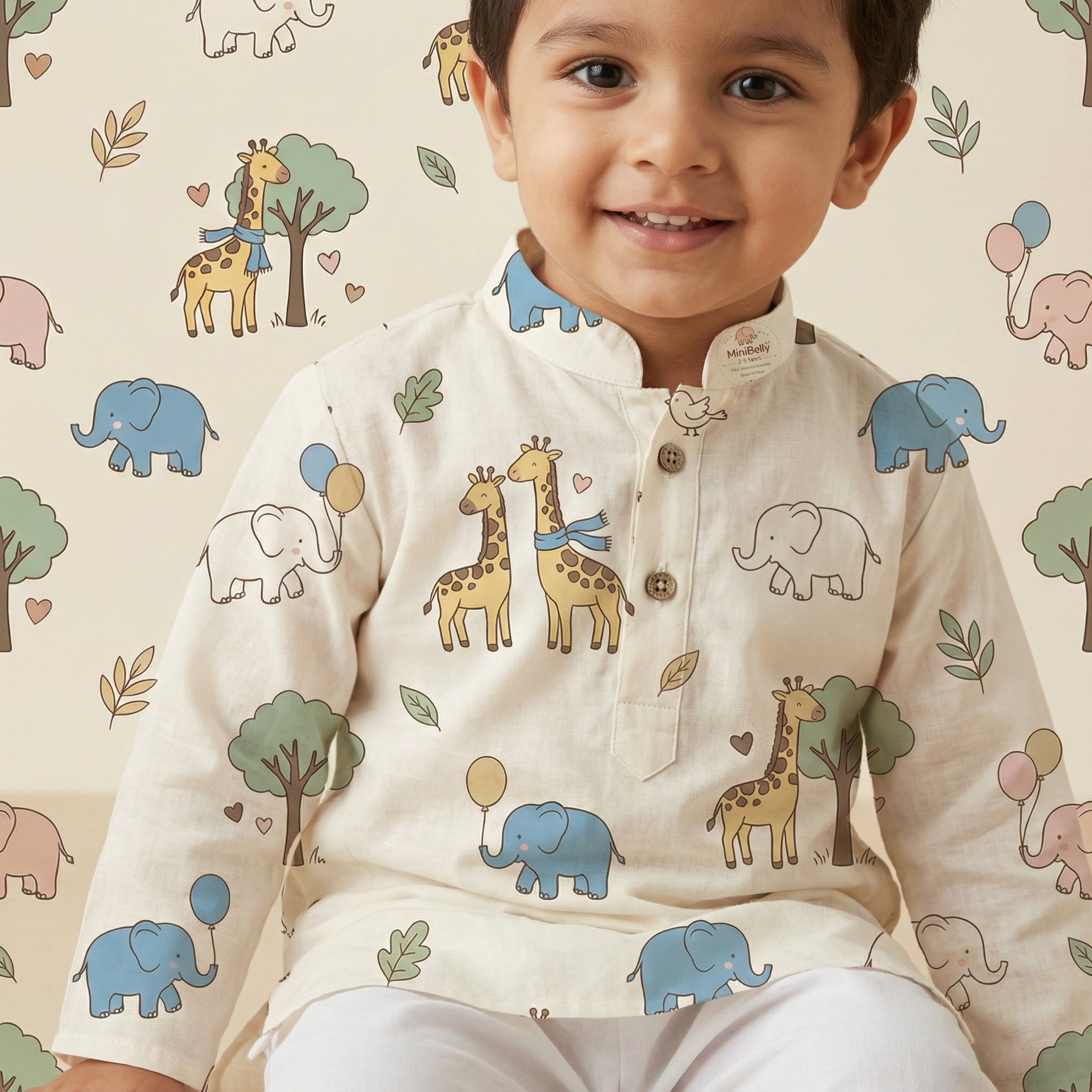 MiniBelly Kurta Pajama Set Cute cartoon giraffes and elephants nursery seamless pattern 100% Cotton - minibelly
