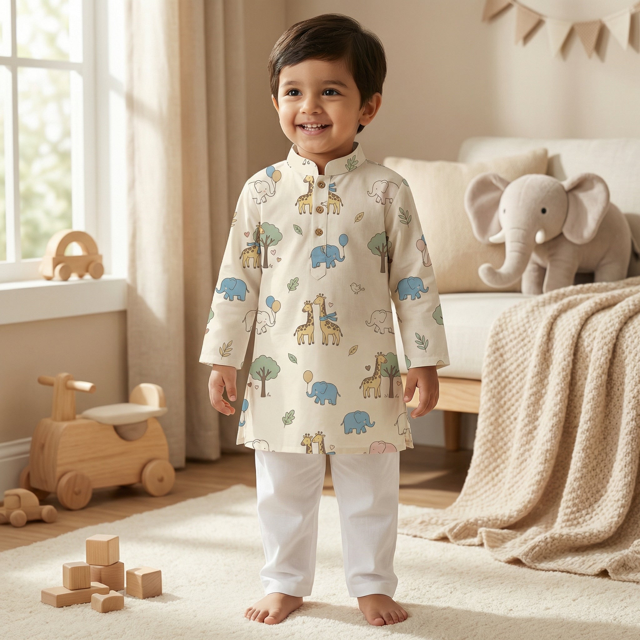 MiniBelly Kurta Pajama Set Cute cartoon giraffes and elephants nursery seamless pattern 100% Cotton - minibelly