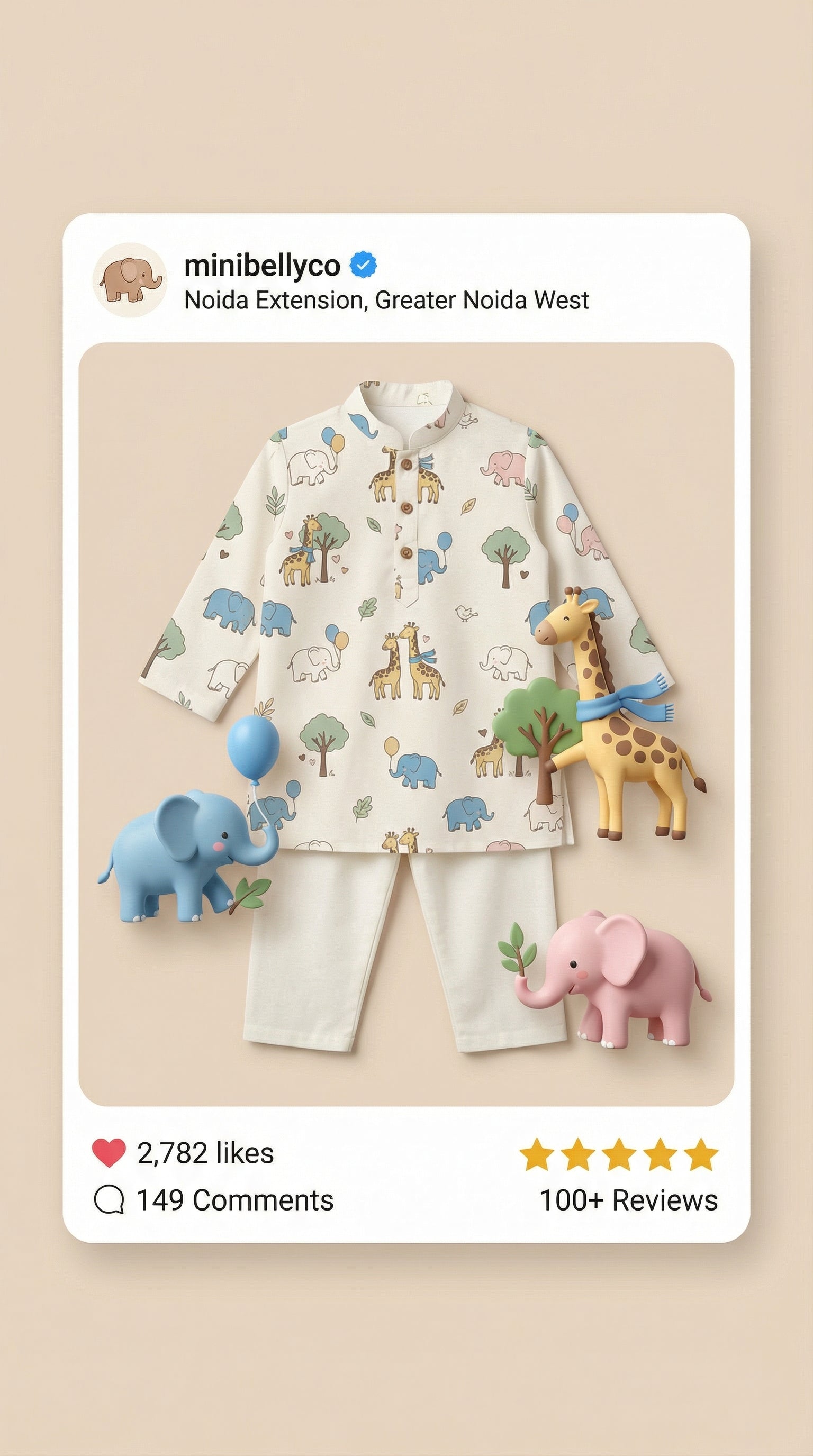 MiniBelly Kurta Pajama Set Cute cartoon giraffes and elephants nursery seamless pattern 100% Cotton - minibelly