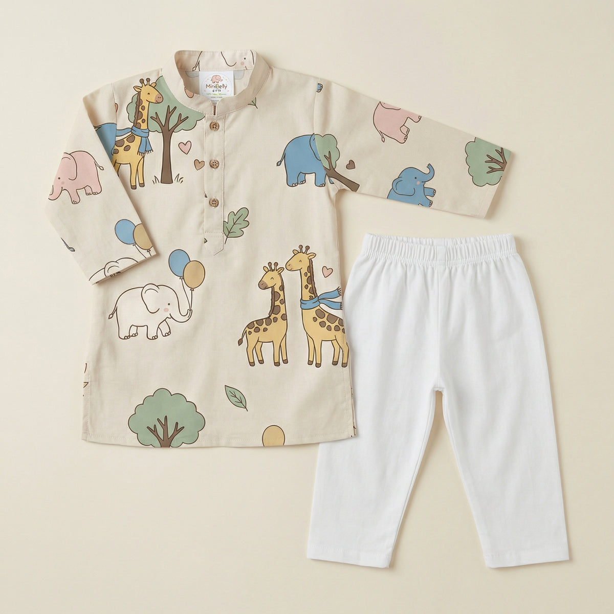 MiniBelly Kurta Pajama Set Cute cartoon giraffes and elephants nursery seamless pattern 100% Cotton - minibelly