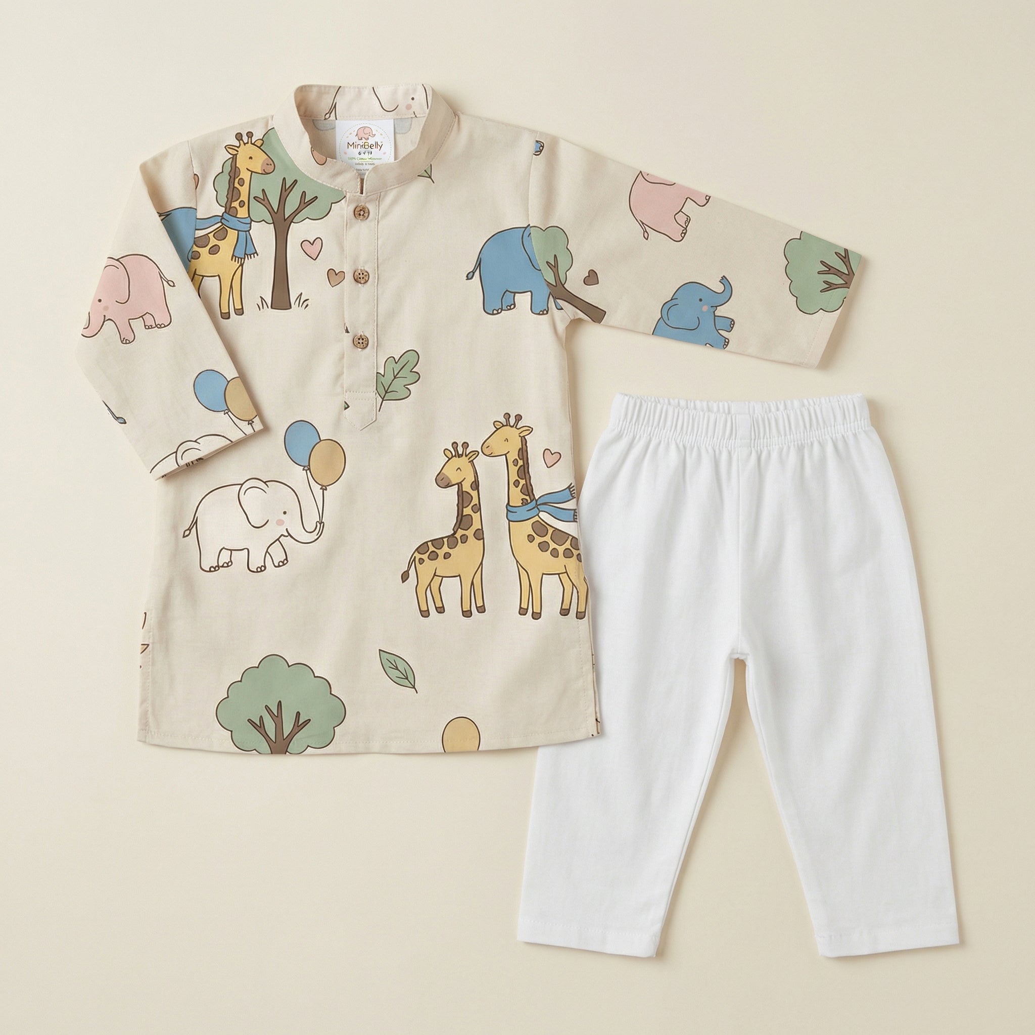 MiniBelly Kurta Pajama Set Cute cartoon giraffes and elephants nursery seamless pattern 100% Cotton - minibelly