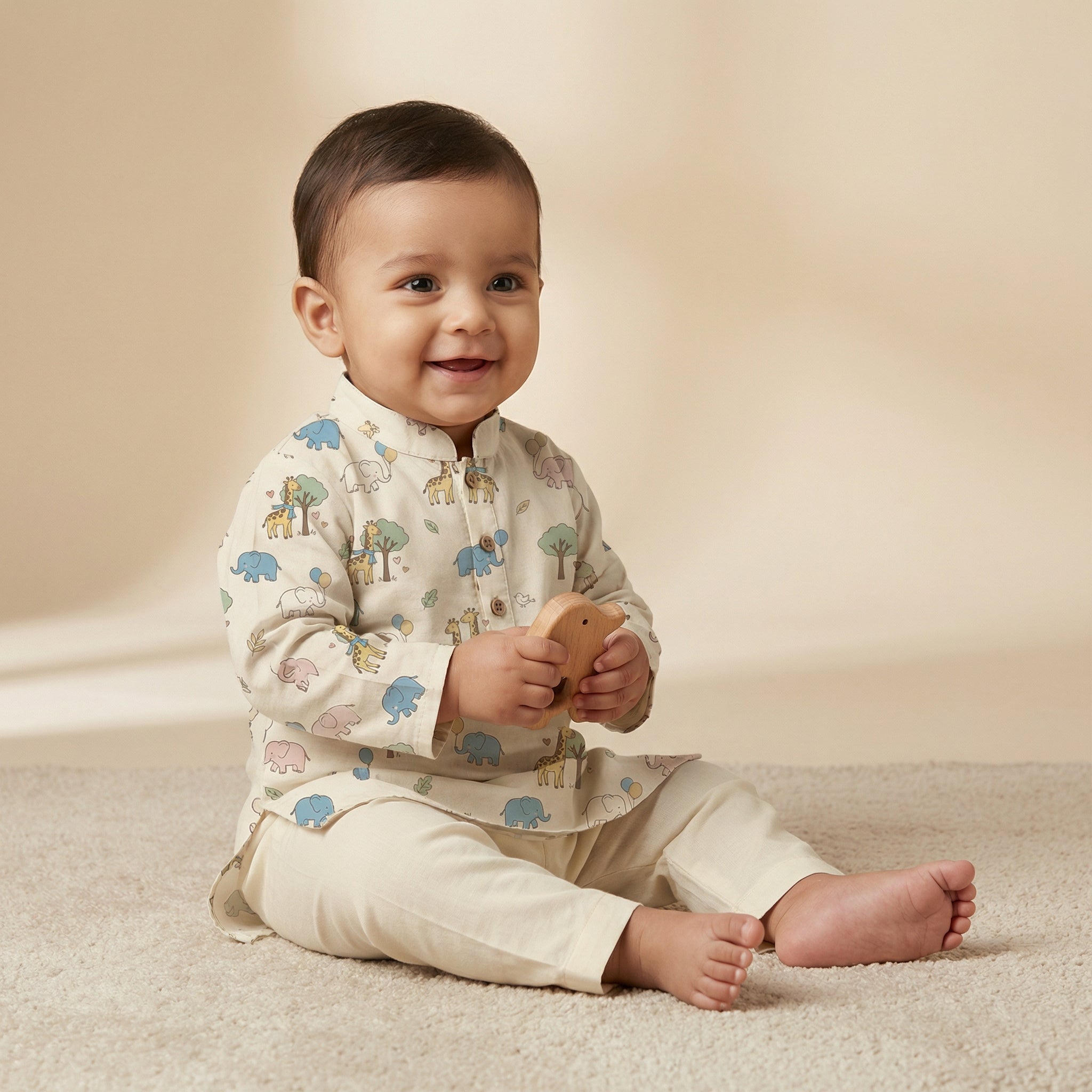 MiniBelly Kurta Pajama Set Cute cartoon giraffes and elephants nursery seamless pattern 100% Cotton - minibelly