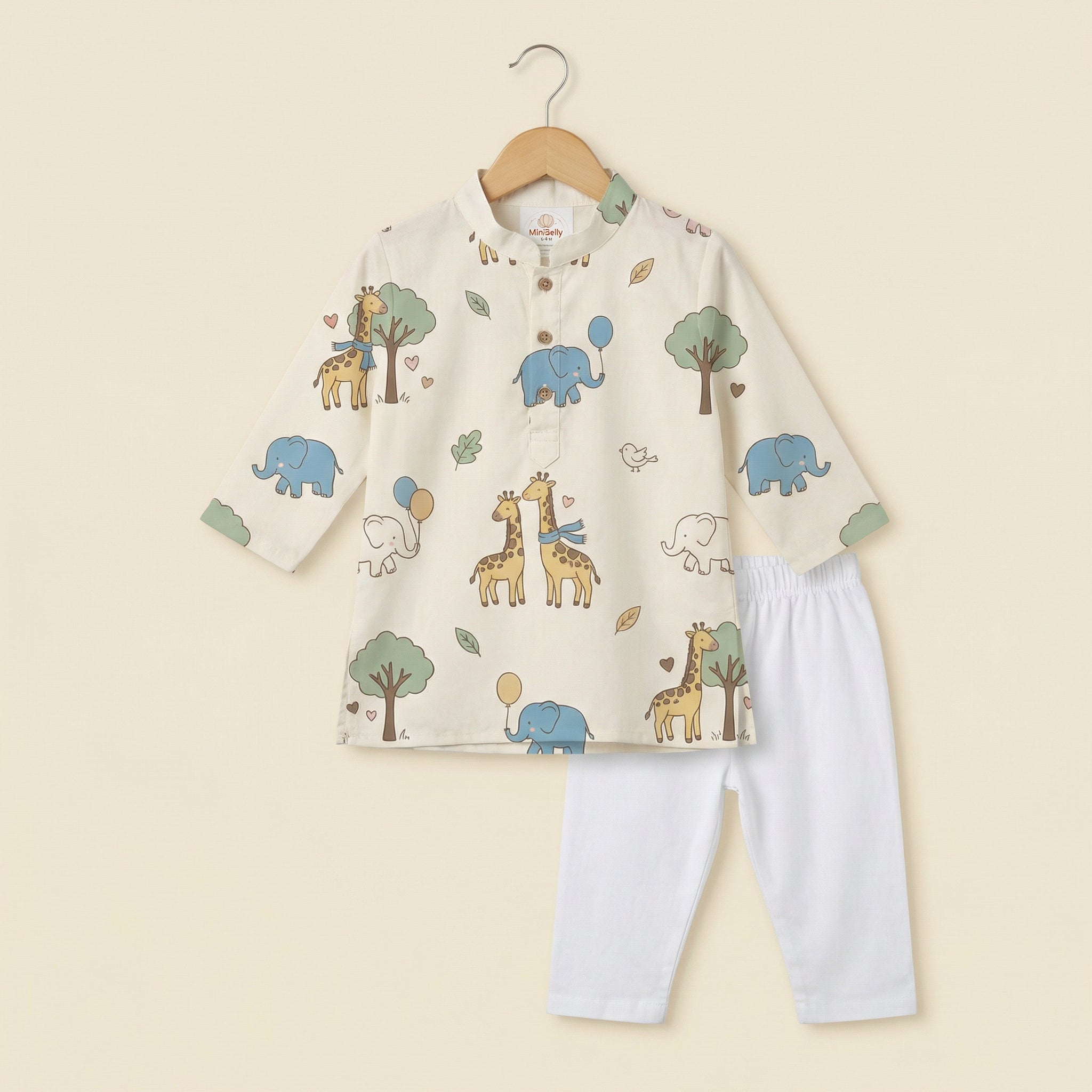 MiniBelly Kurta Pajama Set Cute cartoon giraffes and elephants nursery seamless pattern 100% Cotton - minibelly