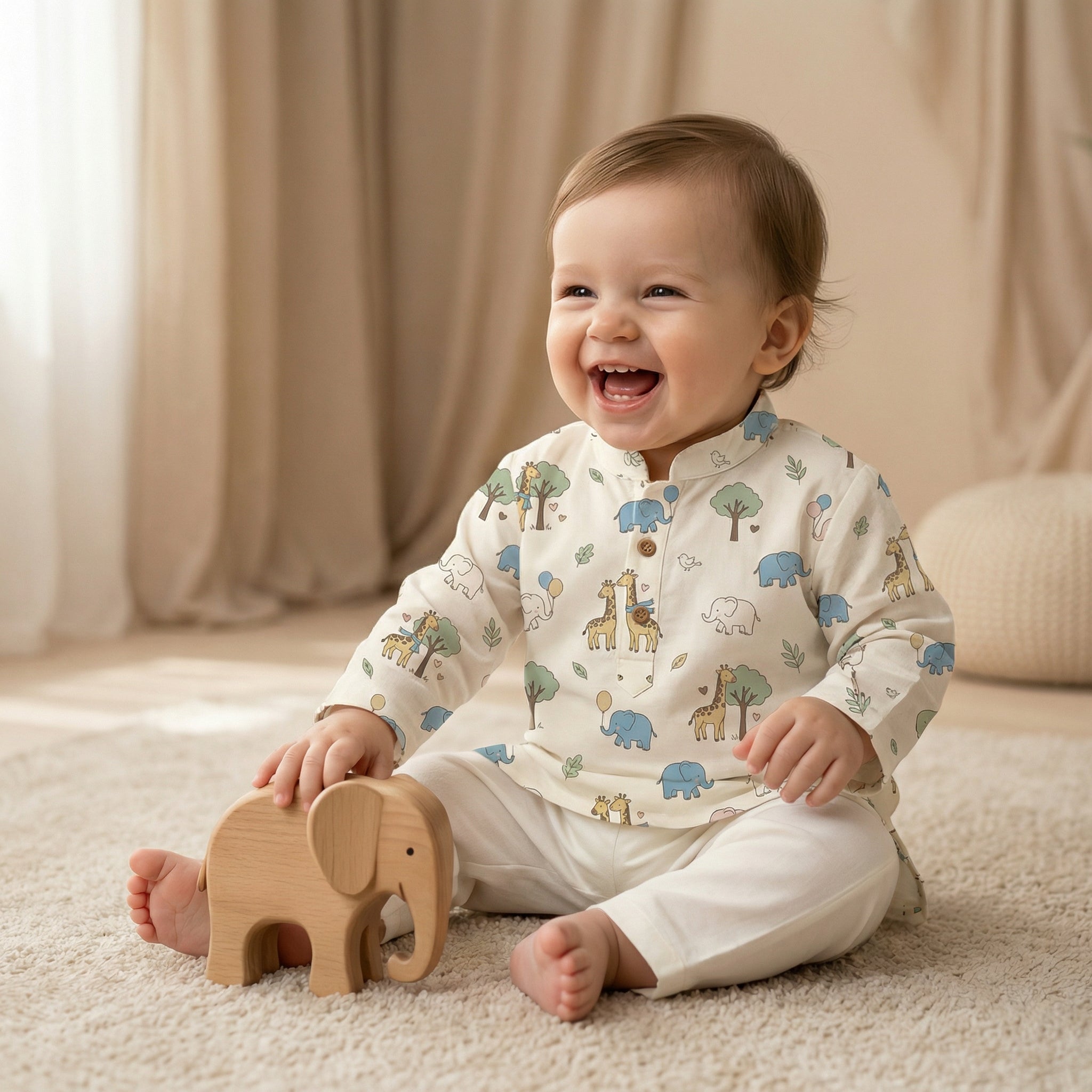 MiniBelly Kurta Pajama Set Cute cartoon giraffes and elephants nursery seamless pattern 100% Cotton - minibelly