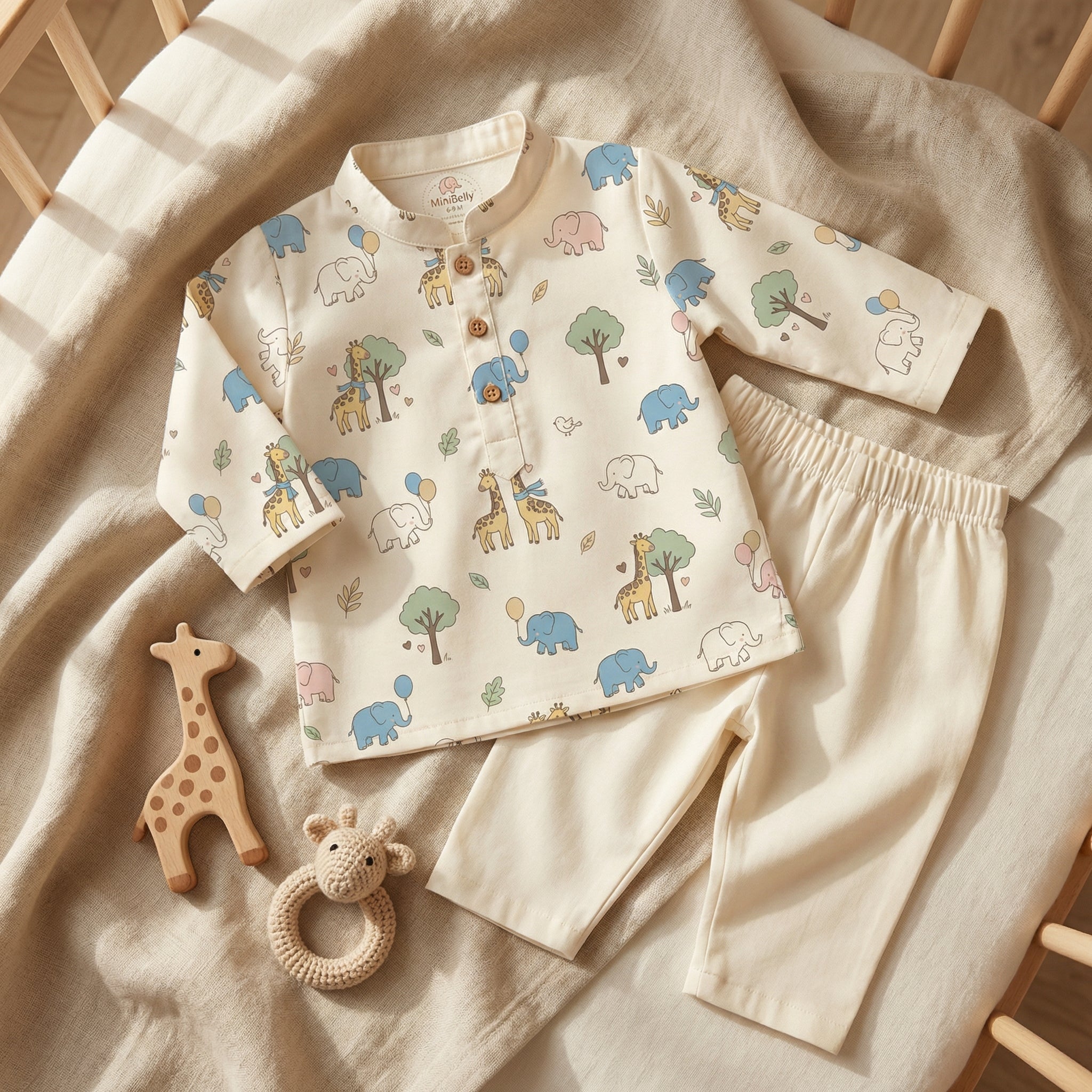 MiniBelly Kurta Pajama Set Cute cartoon giraffes and elephants nursery seamless pattern 100% Cotton - minibelly