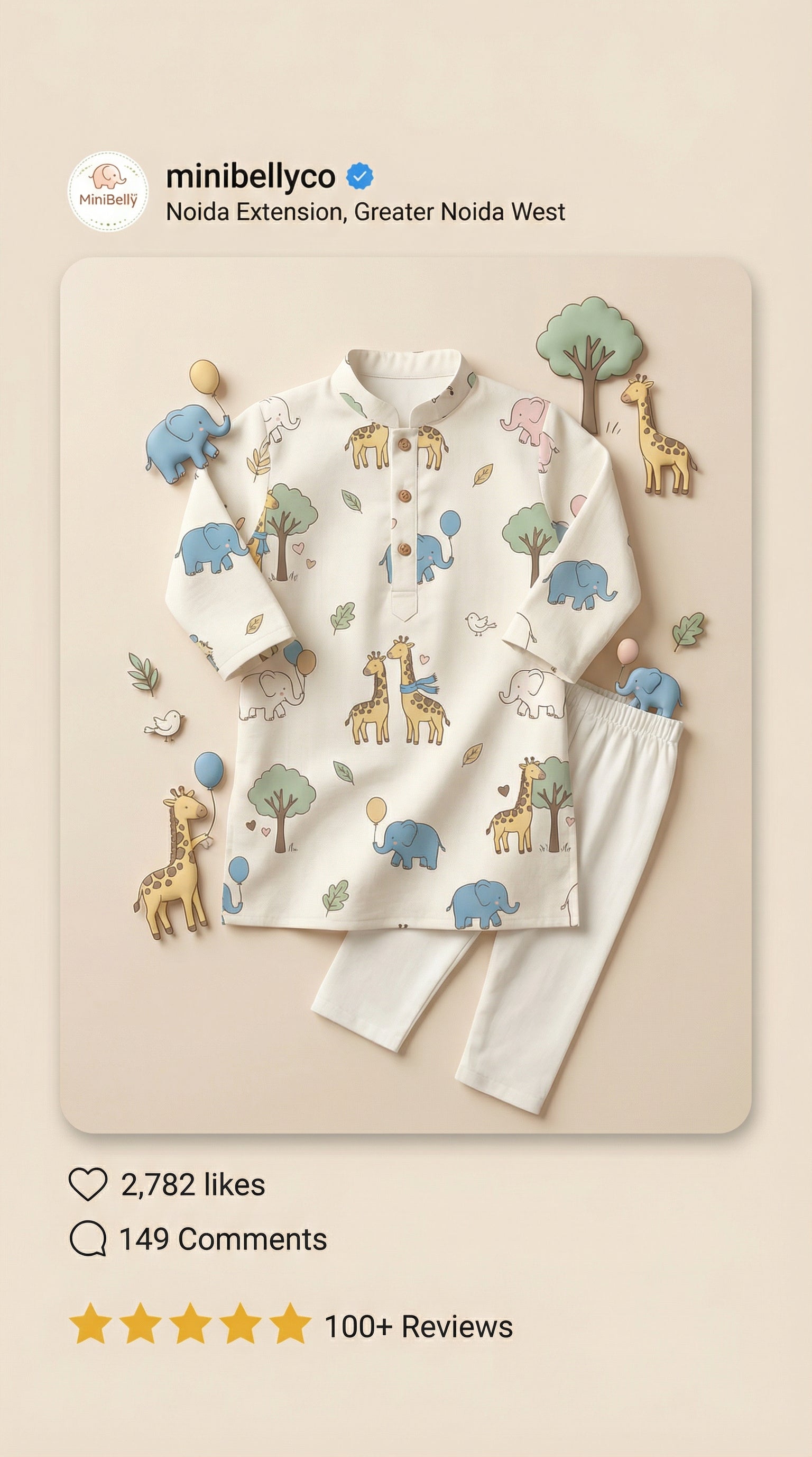 MiniBelly Kurta Pajama Set Cute cartoon giraffes and elephants nursery seamless pattern 100% Cotton - minibelly