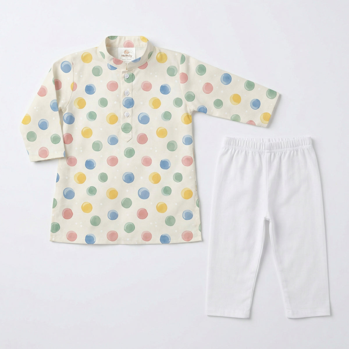 MiniBelly Kurta Pajama Set Pastel watercolor polka dots on a cream background 100% Cotton - minibelly