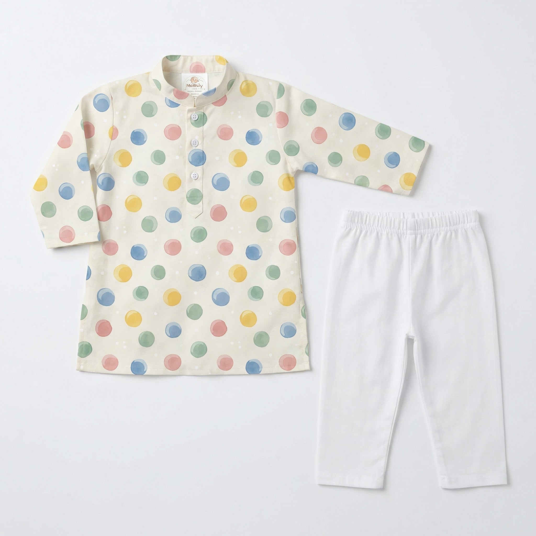 MiniBelly Kurta Pajama Set Pastel watercolor polka dots on a cream background 100% Cotton - minibelly