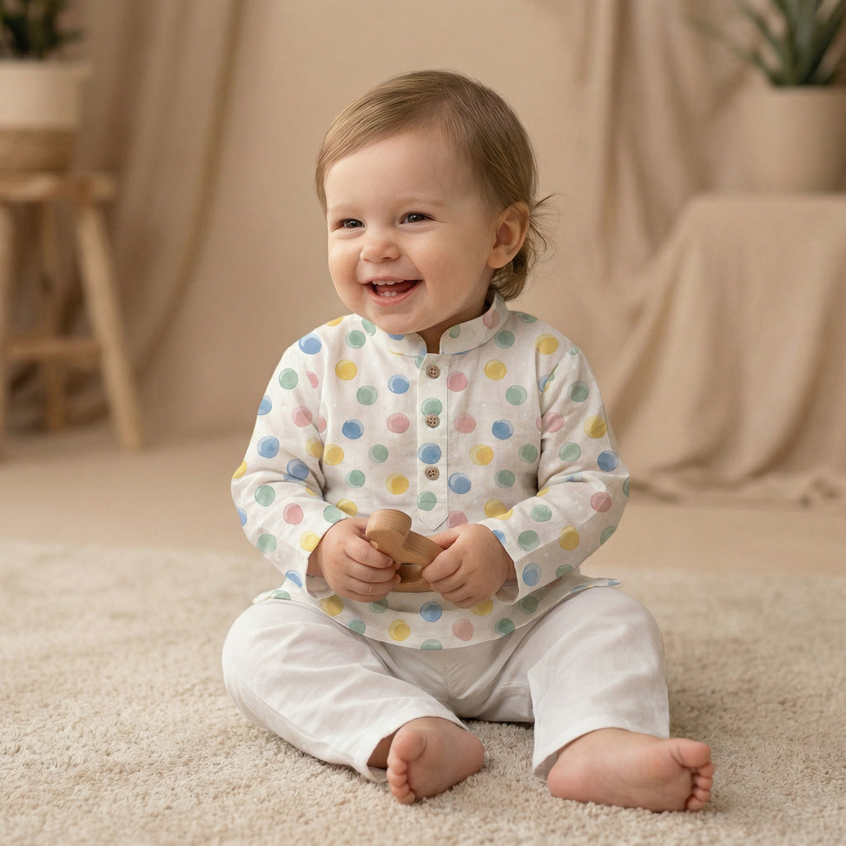 MiniBelly Kurta Pajama Set Pastel watercolor polka dots on a cream background 100% Cotton - minibelly