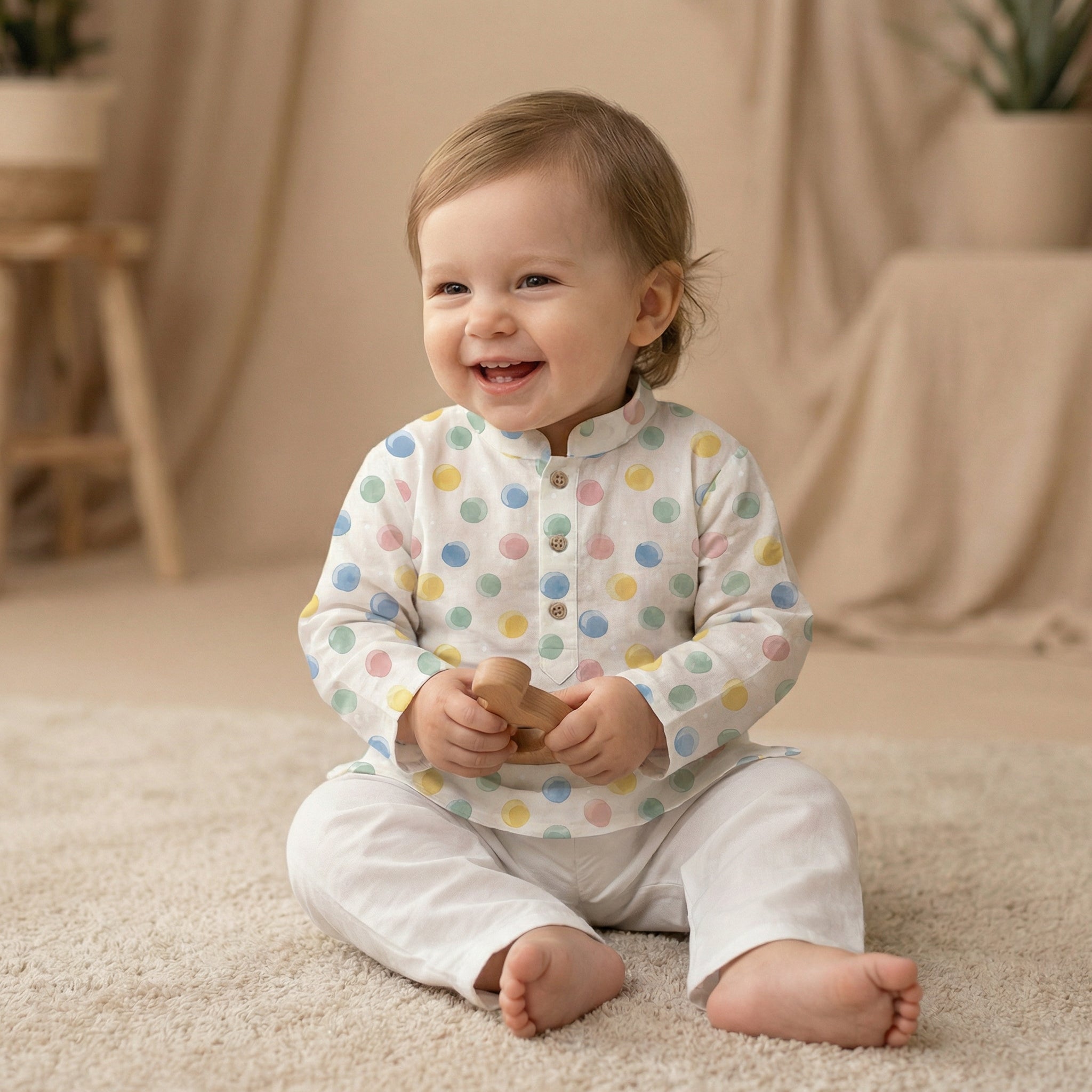 MiniBelly Kurta Pajama Set Pastel watercolor polka dots on a cream background 100% Cotton - minibelly