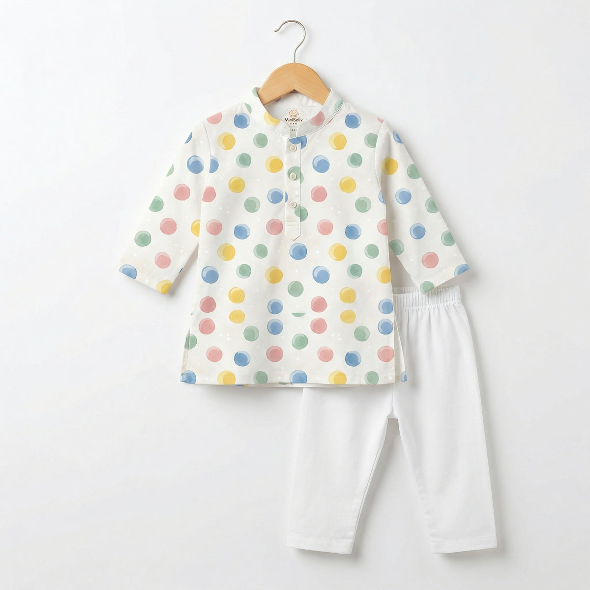 MiniBelly Kurta Pajama Set Pastel watercolor polka dots on a cream background 100% Cotton - minibelly