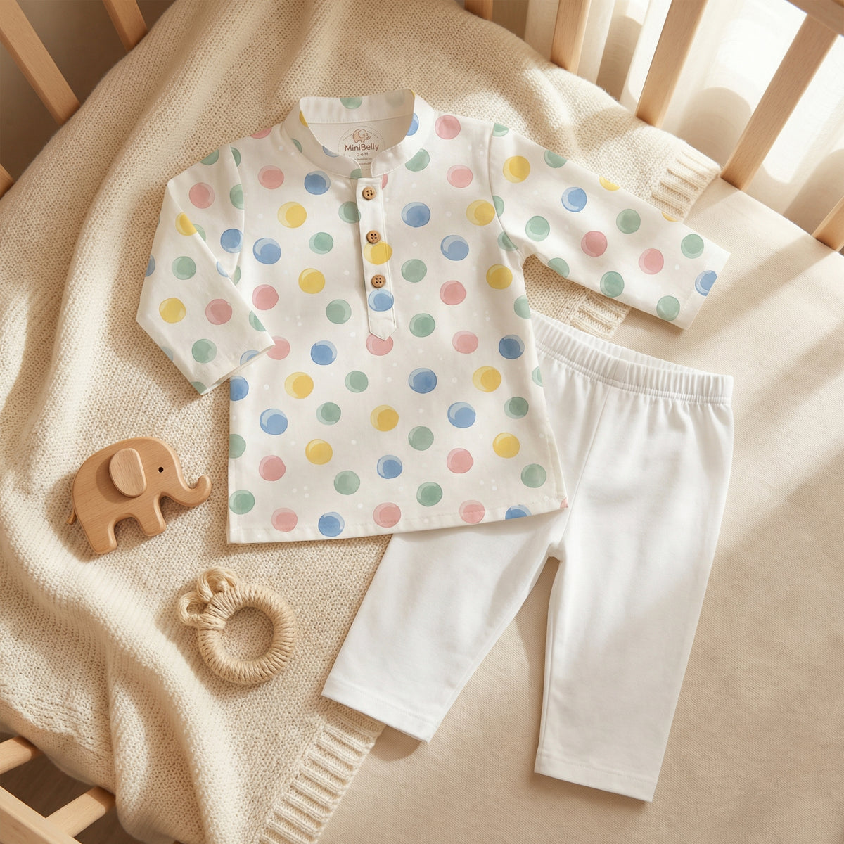 MiniBelly Kurta Pajama Set Pastel watercolor polka dots on a cream background 100% Cotton - minibelly