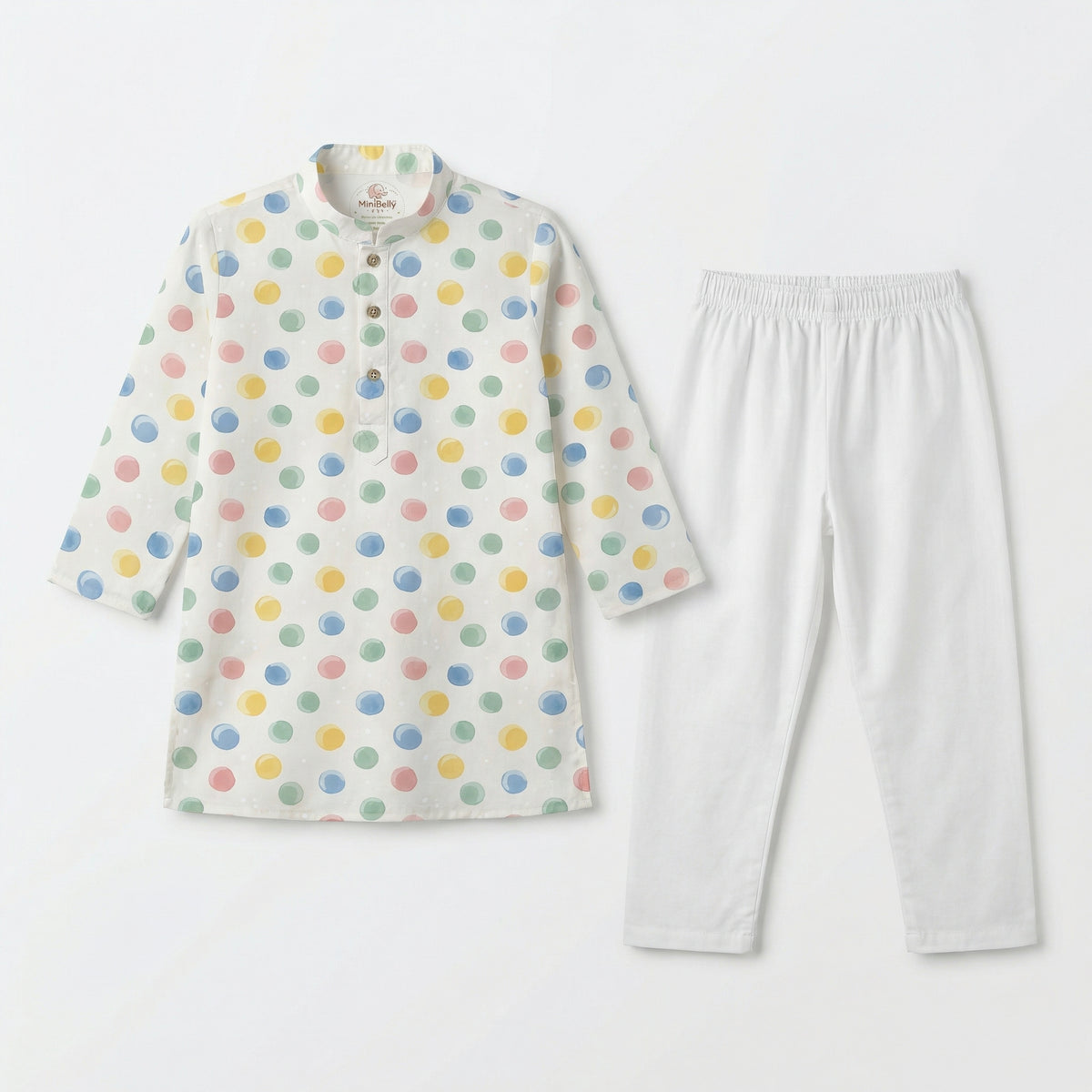 MiniBelly Kurta Pajama Set Pastel watercolor polka dots on a cream background 100% Cotton - minibelly