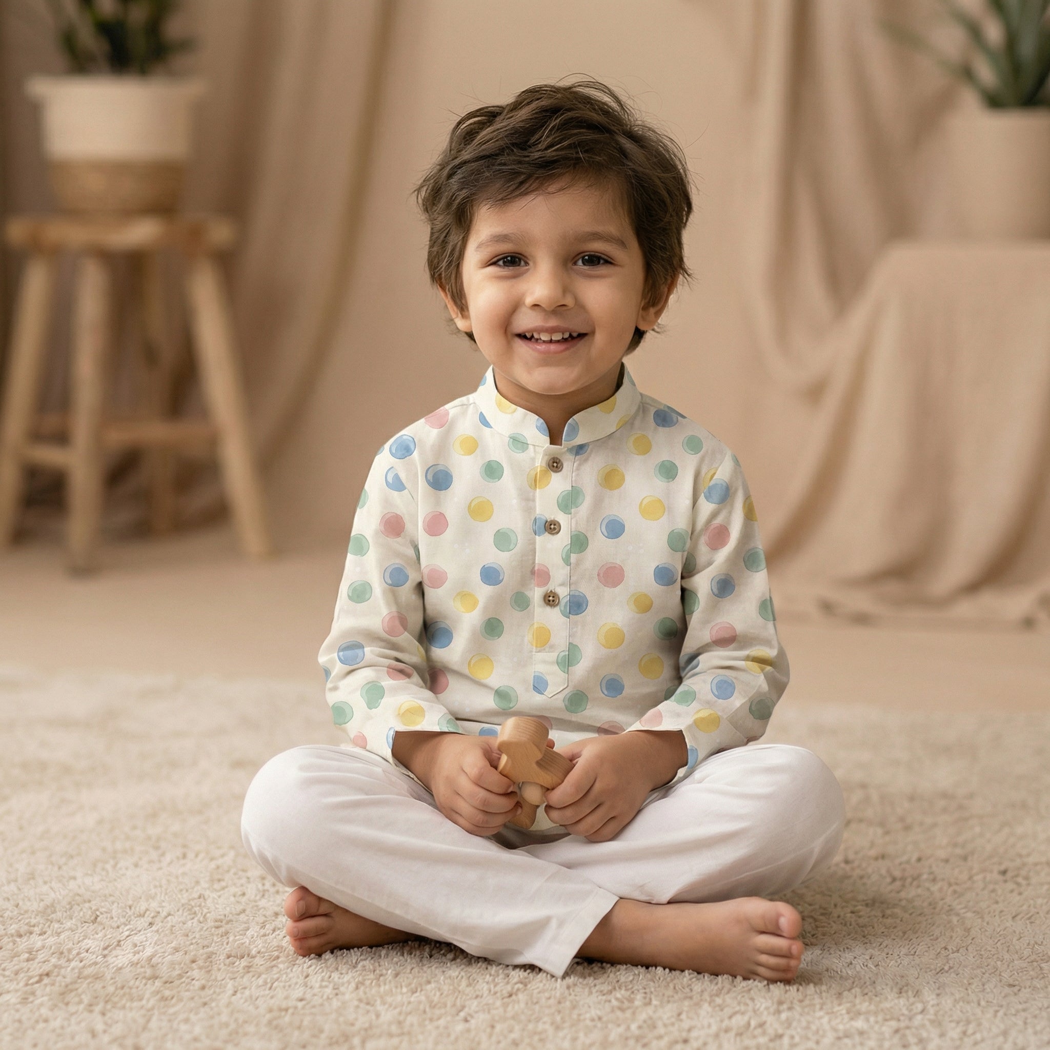 MiniBelly Kurta Pajama Set Pastel watercolor polka dots on a cream background 100% Cotton - minibelly