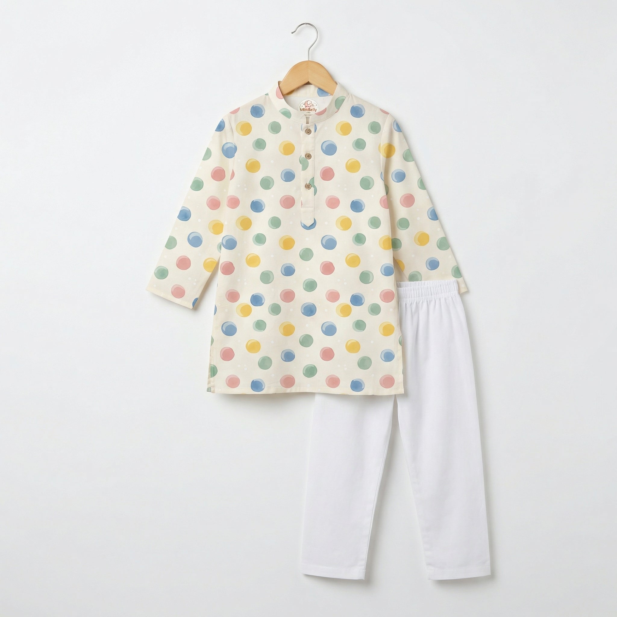 MiniBelly Kurta Pajama Set Pastel watercolor polka dots on a cream background 100% Cotton - minibelly