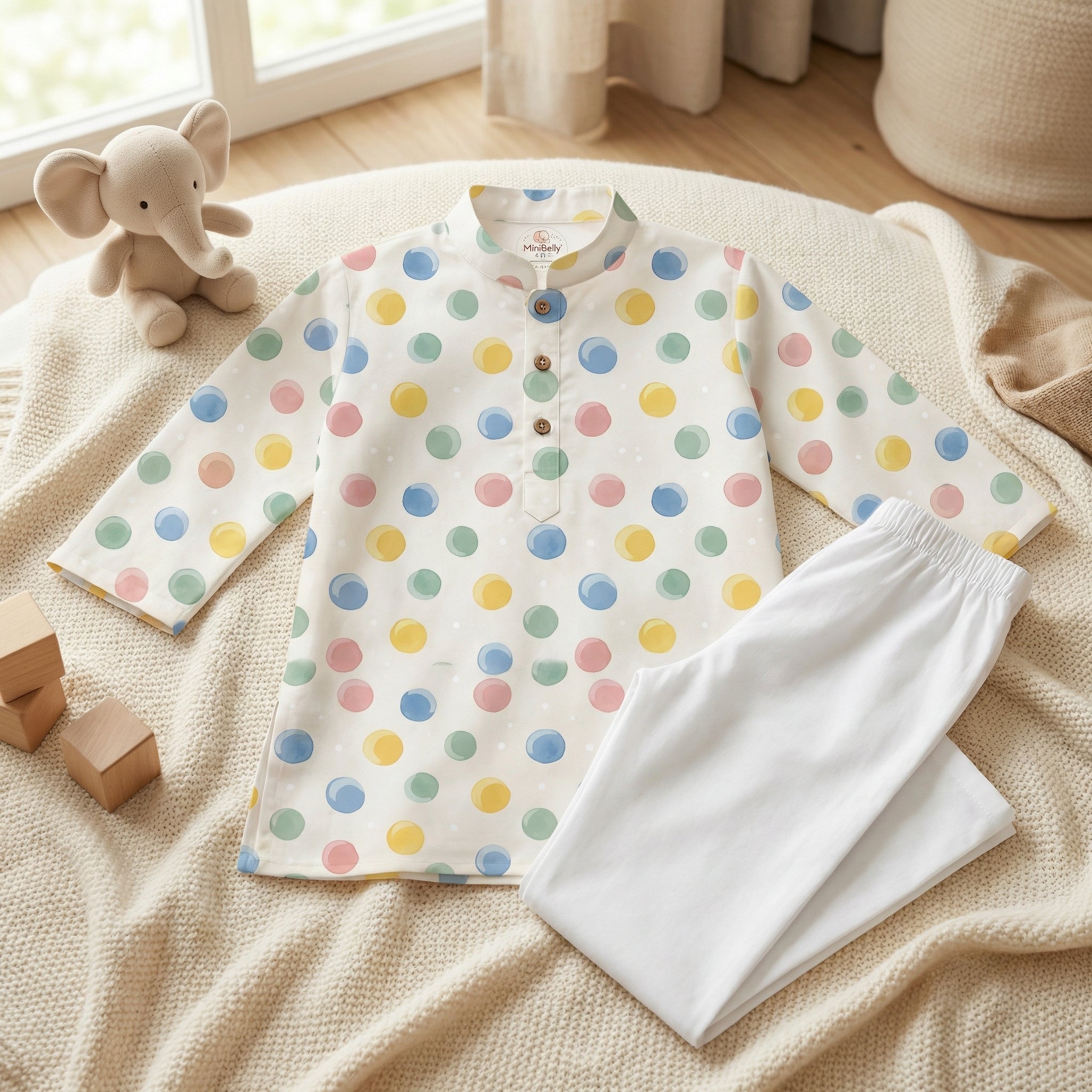 MiniBelly Kurta Pajama Set Pastel watercolor polka dots on a cream background 100% Cotton - minibelly