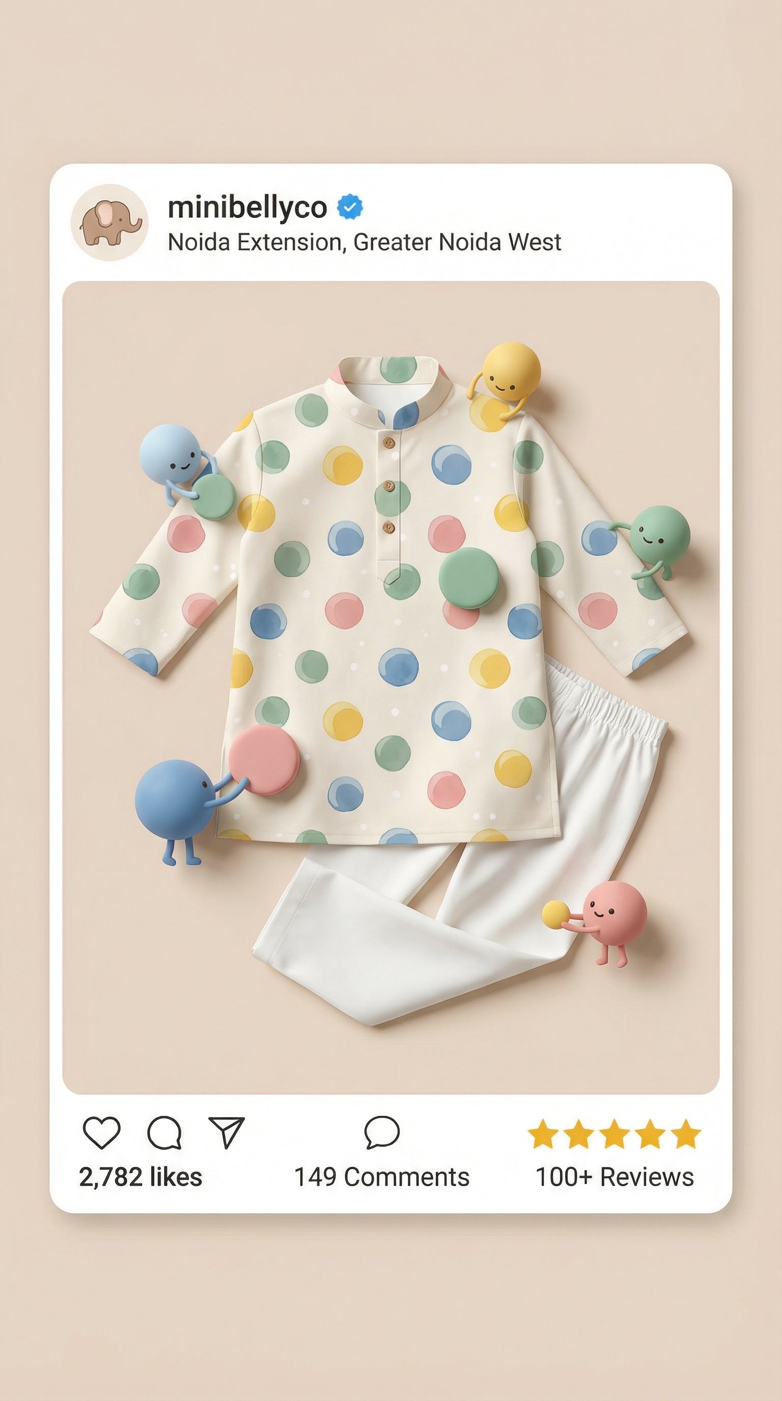 MiniBelly Kurta Pajama Set Pastel watercolor polka dots on a cream background 100% Cotton - minibelly