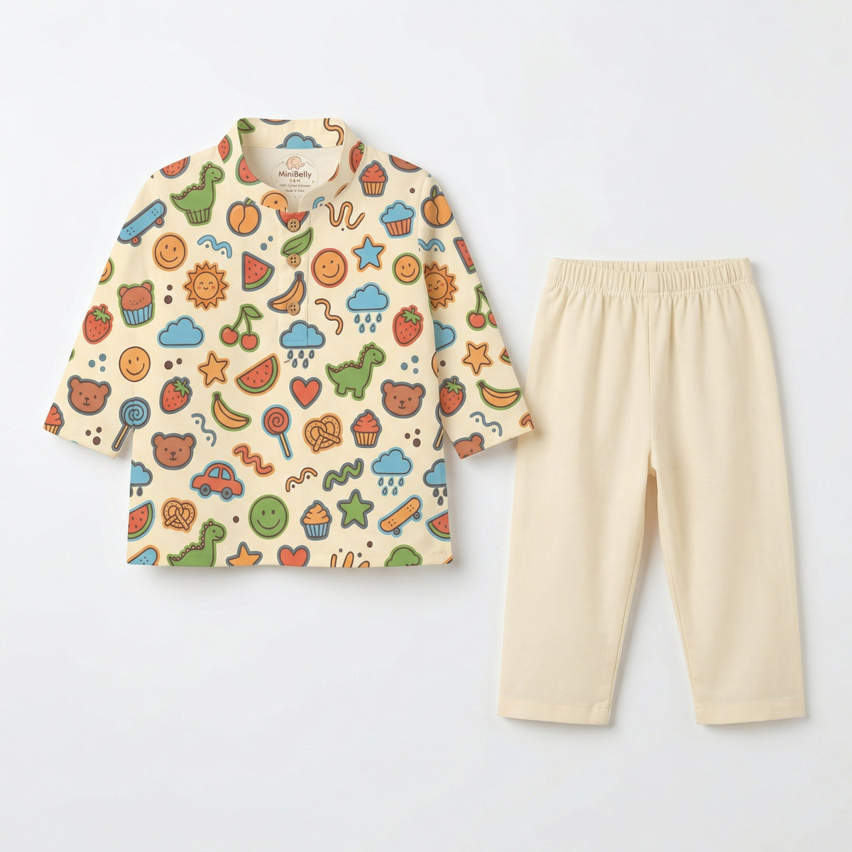 MiniBelly Kurta Pajama Set Playful doodles of animals, fruits, weather, and toys on cream background 100% Cotton - minibelly