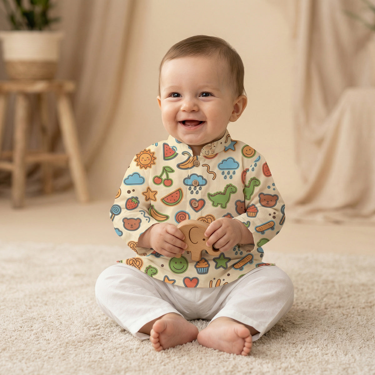 MiniBelly Kurta Pajama Set Playful doodles of animals, fruits, weather, and toys on cream background 100% Cotton - minibelly