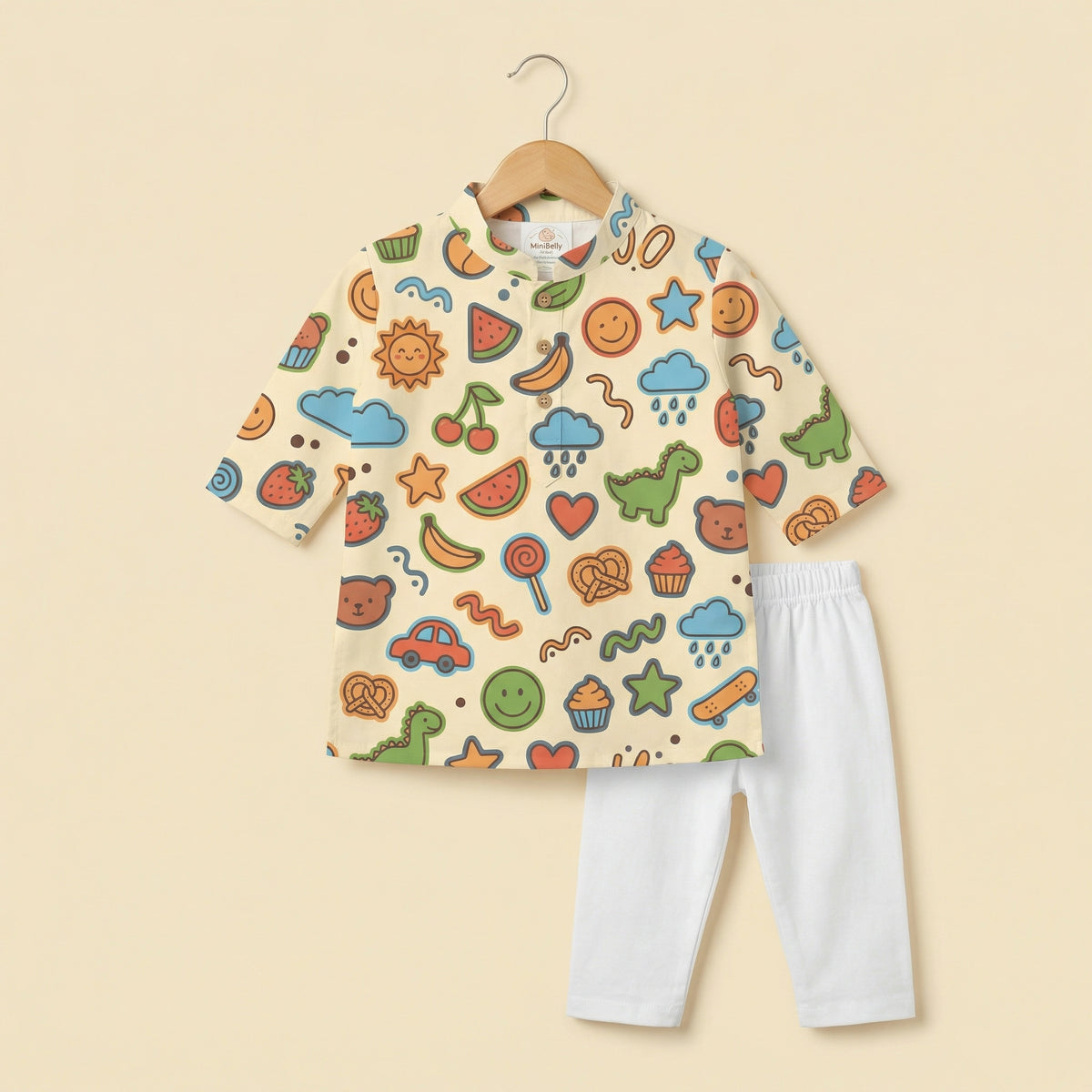 MiniBelly Kurta Pajama Set Playful doodles of animals, fruits, weather, and toys on cream background 100% Cotton - minibelly