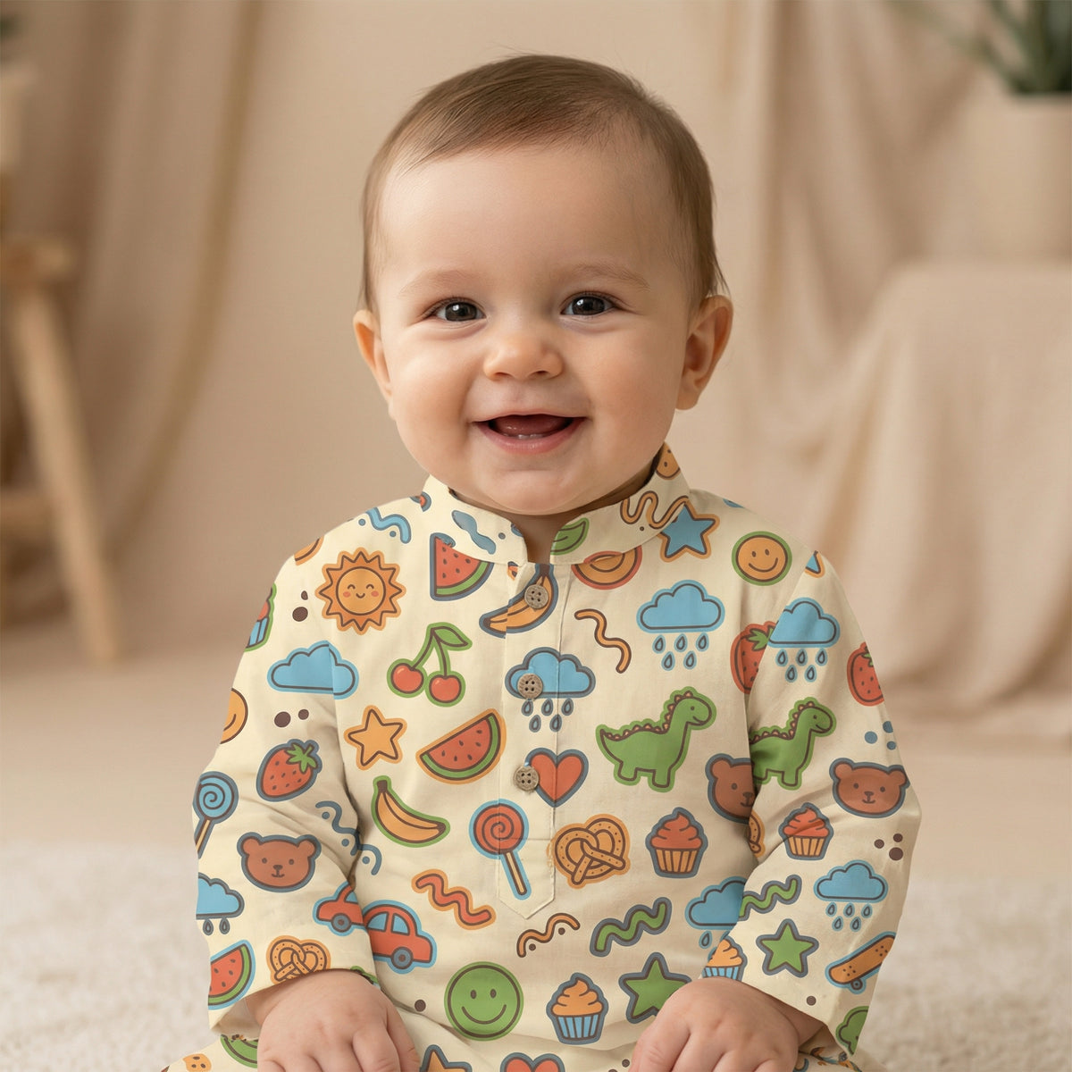 MiniBelly Kurta Pajama Set Playful doodles of animals, fruits, weather, and toys on cream background 100% Cotton - minibelly