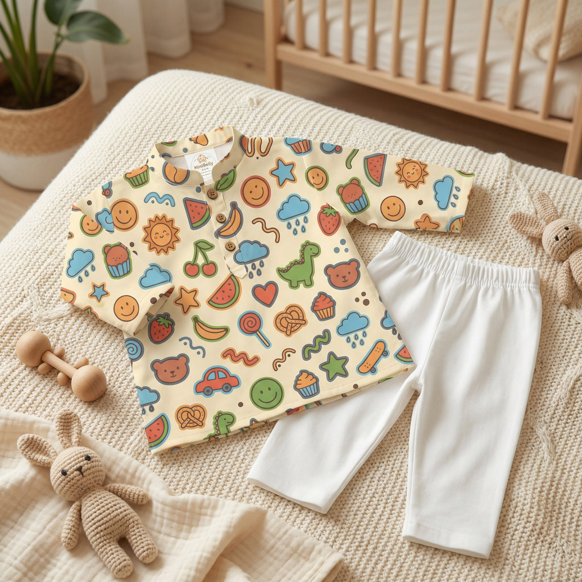 MiniBelly Kurta Pajama Set Playful doodles of animals, fruits, weather, and toys on cream background 100% Cotton - minibelly