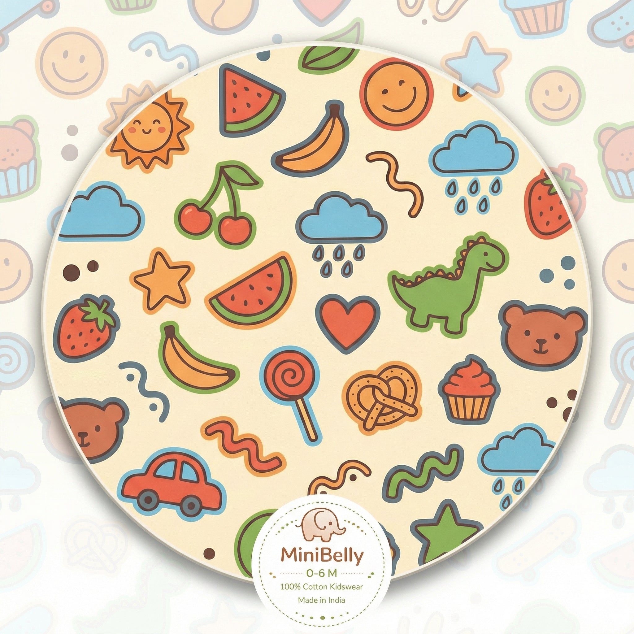 MiniBelly Kurta Pajama Set Playful doodles of animals, fruits, weather, and toys on cream background 100% Cotton - minibelly