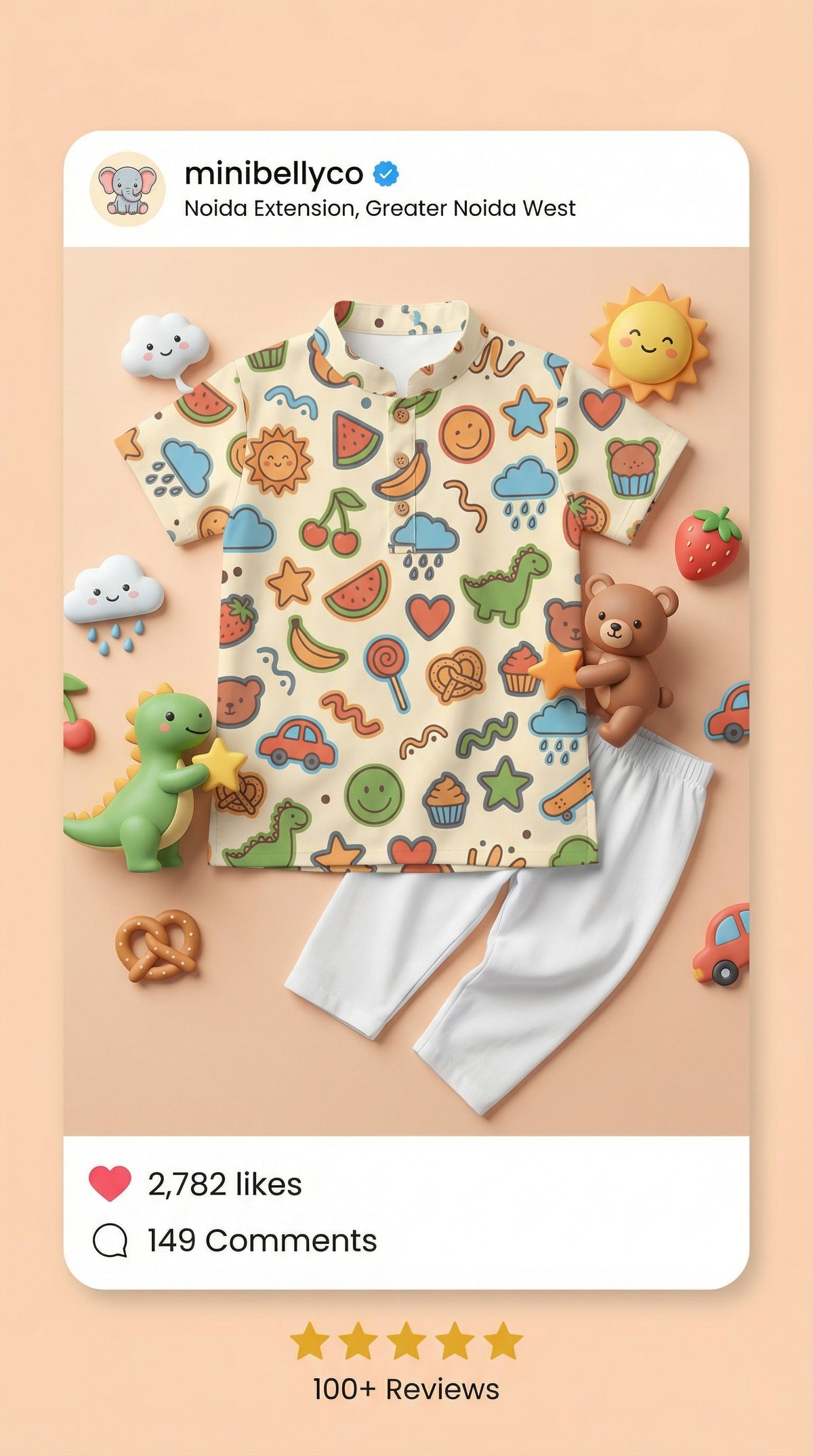 MiniBelly Kurta Pajama Set Playful doodles of animals, fruits, weather, and toys on cream background 100% Cotton - minibelly