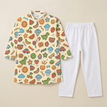 MiniBelly Kurta Pajama Set Playful doodles of animals, fruits, weather, and toys on cream background 100% Cotton - minibelly