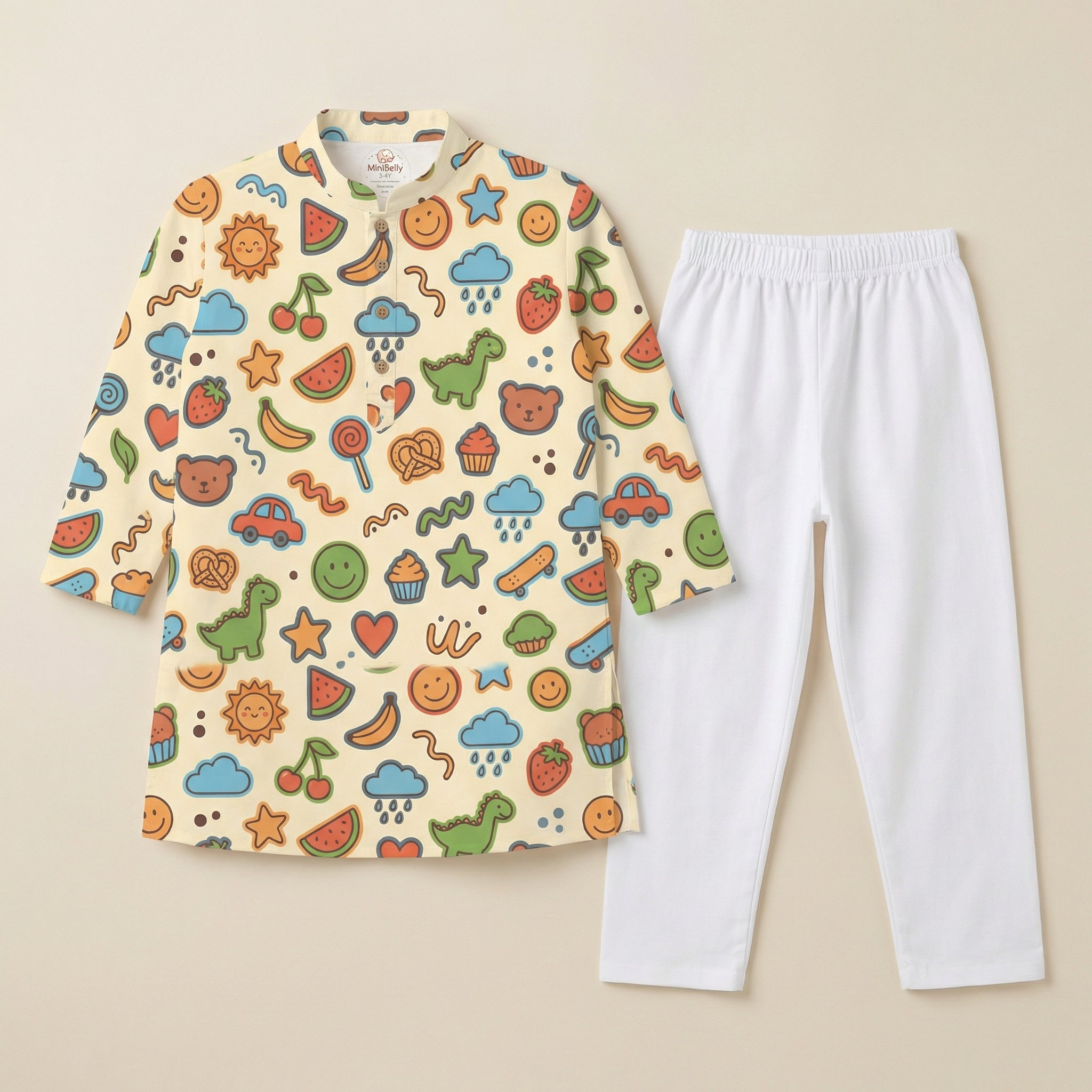 MiniBelly Kurta Pajama Set Playful doodles of animals, fruits, weather, and toys on cream background 100% Cotton - minibelly