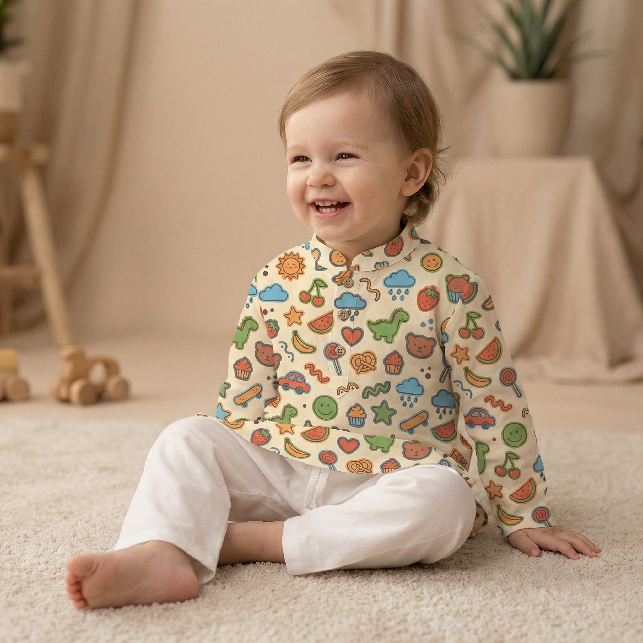 MiniBelly Kurta Pajama Set Playful doodles of animals, fruits, weather, and toys on cream background 100% Cotton - minibelly
