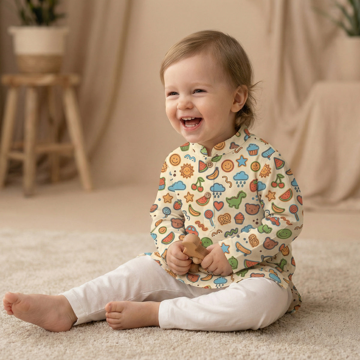 MiniBelly Kurta Pajama Set Playful doodles of animals, fruits, weather, and toys on cream background 100% Cotton - minibelly