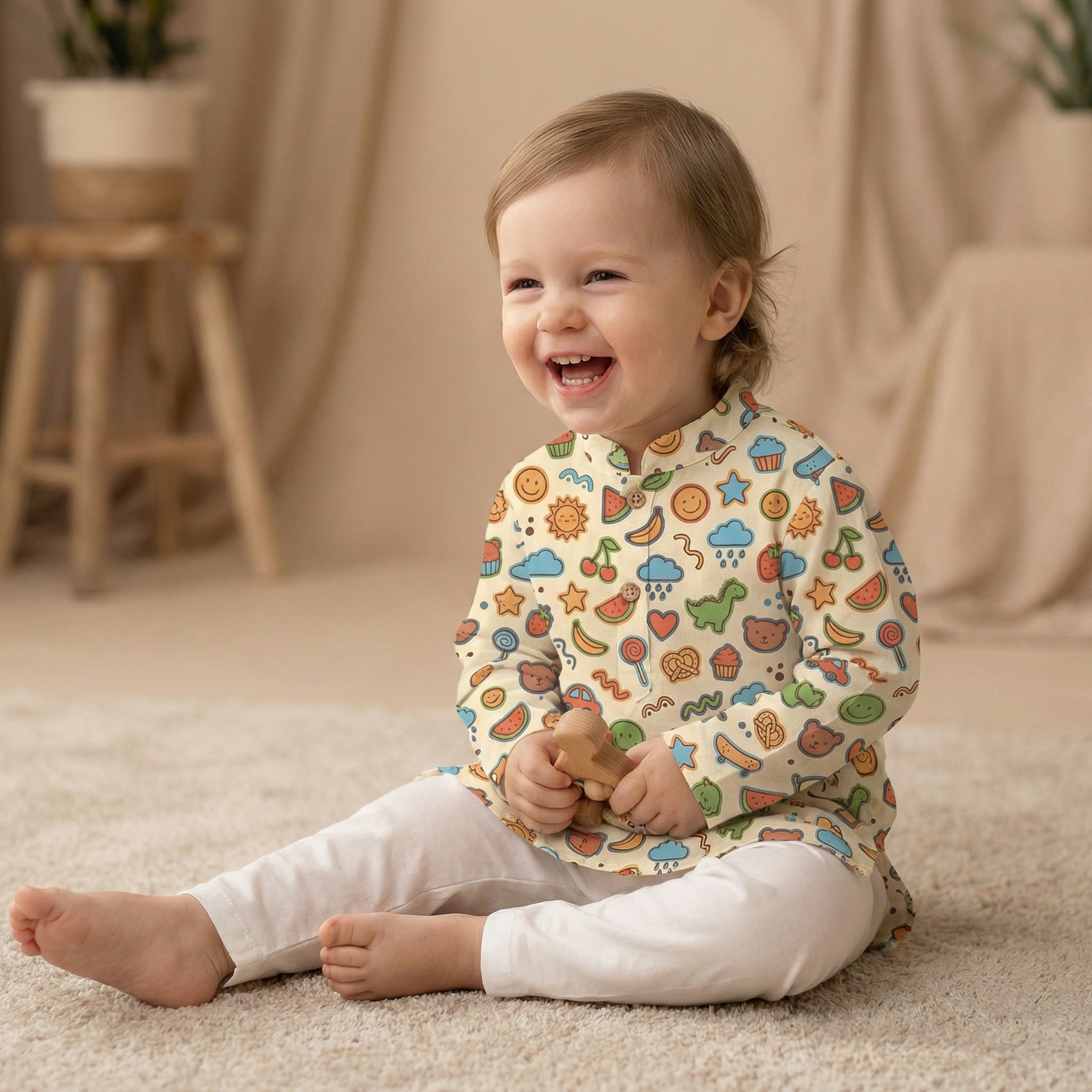 MiniBelly Kurta Pajama Set Playful doodles of animals, fruits, weather, and toys on cream background 100% Cotton - minibelly