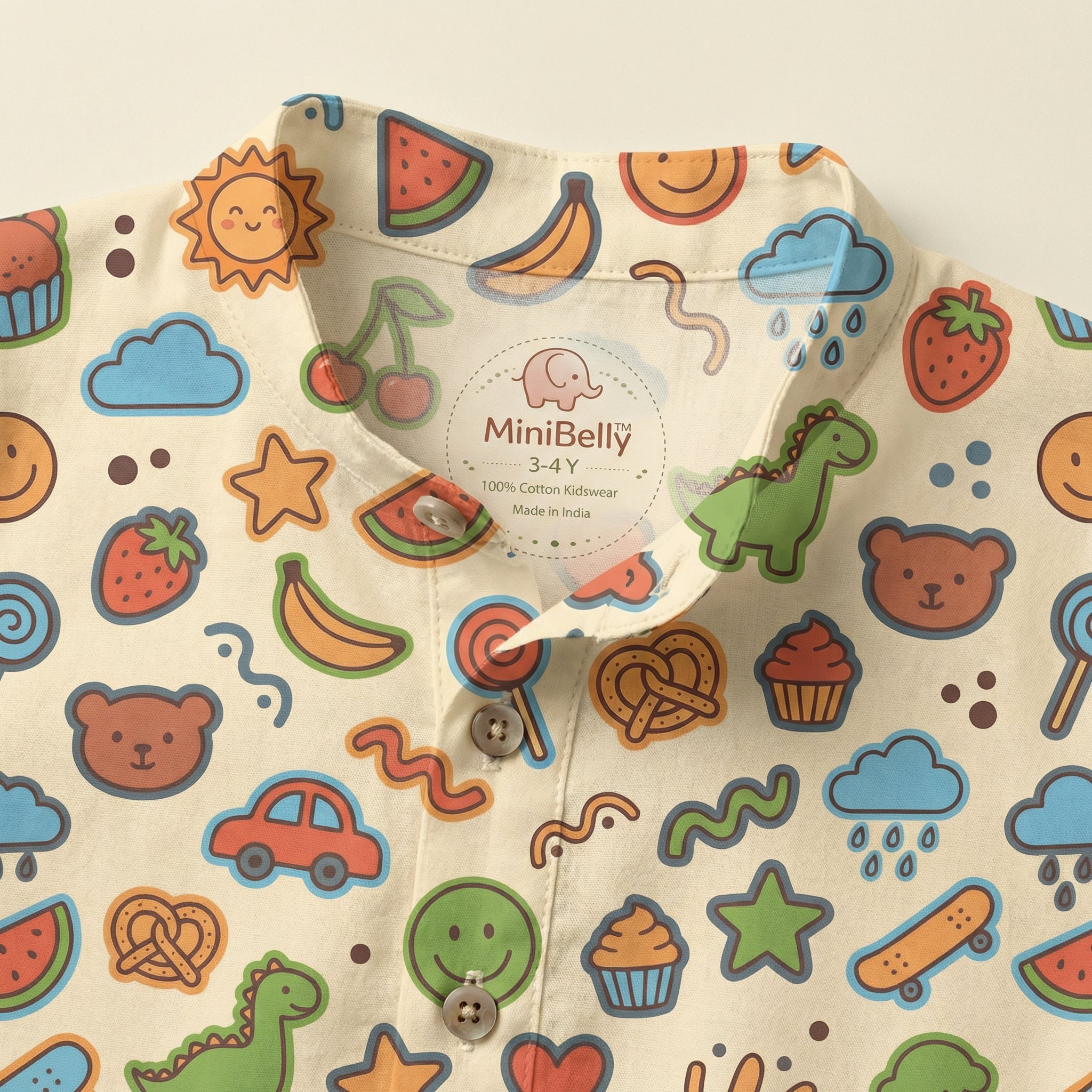 MiniBelly Kurta Pajama Set Playful doodles of animals, fruits, weather, and toys on cream background 100% Cotton - minibelly