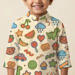 MiniBelly Kurta Pajama Set Playful doodles of animals, fruits, weather, and toys on cream background 100% Cotton - minibelly