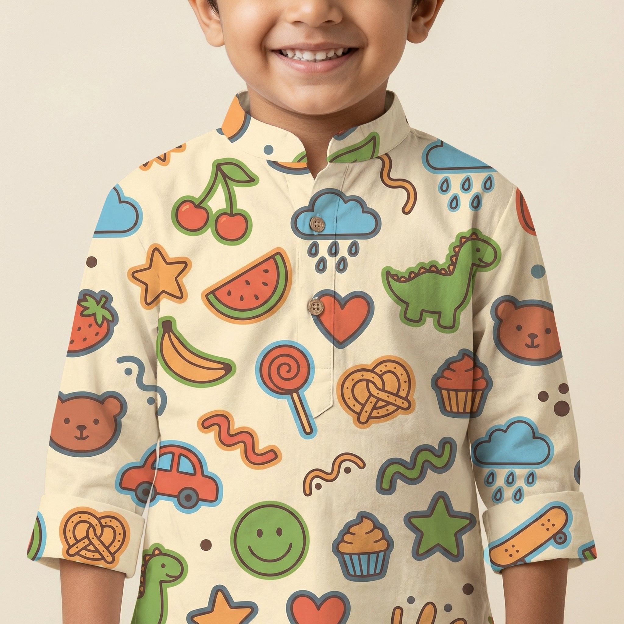 MiniBelly Kurta Pajama Set Playful doodles of animals, fruits, weather, and toys on cream background 100% Cotton - minibelly
