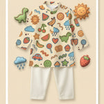 MiniBelly Kurta Pajama Set Playful doodles of animals, fruits, weather, and toys on cream background 100% Cotton - minibelly