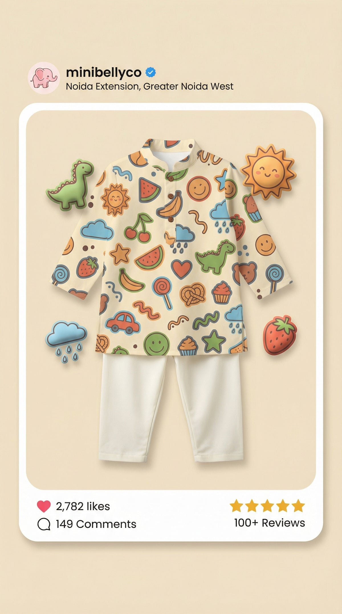 MiniBelly Kurta Pajama Set Playful doodles of animals, fruits, weather, and toys on cream background 100% Cotton - minibelly