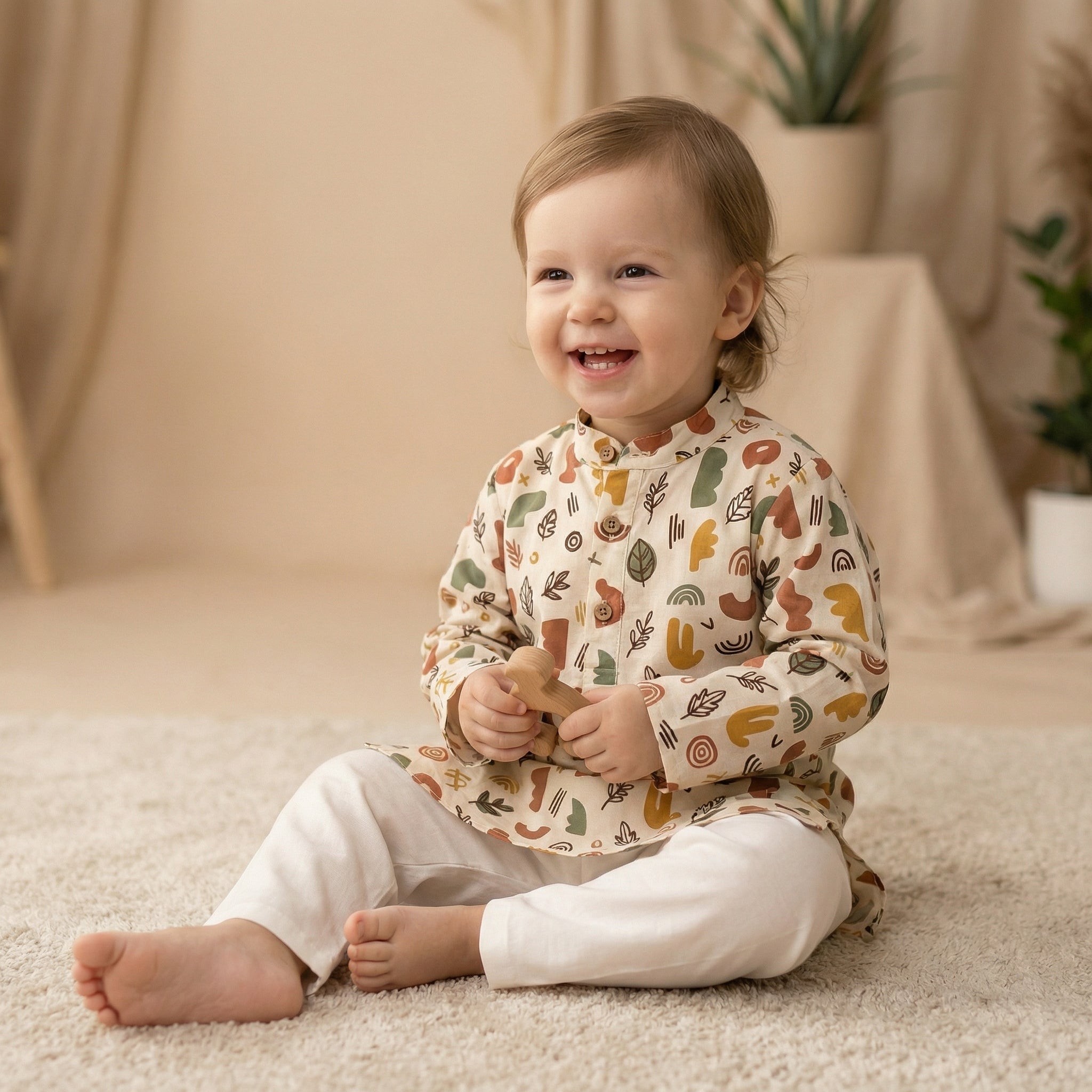 MiniBelly Kurta Pajama Set Boho abstract organic shapes with botanical leaf doodles 100% Cotton - minibelly