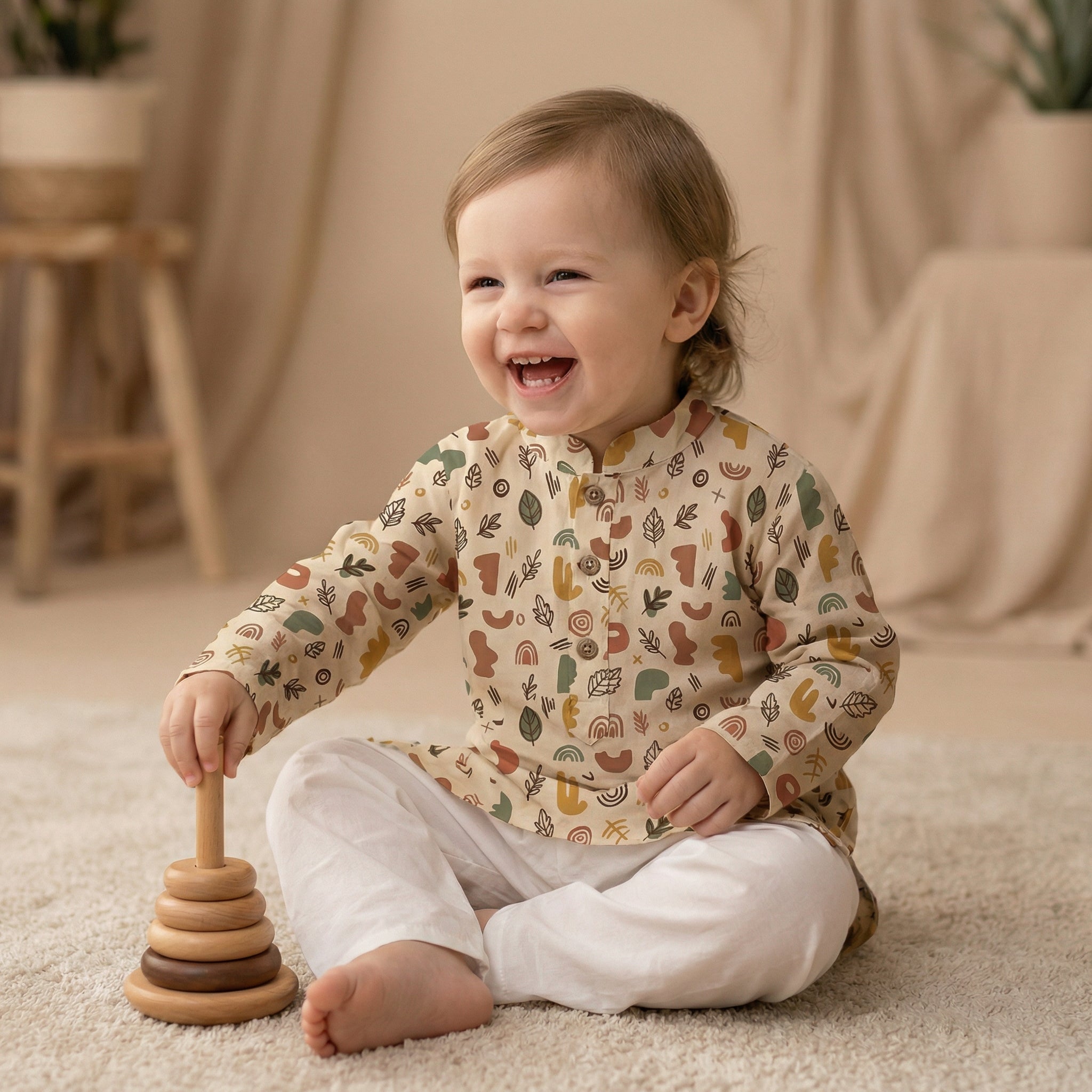 MiniBelly Kurta Pajama Set Boho abstract organic shapes with botanical leaf doodles 100% Cotton - minibelly