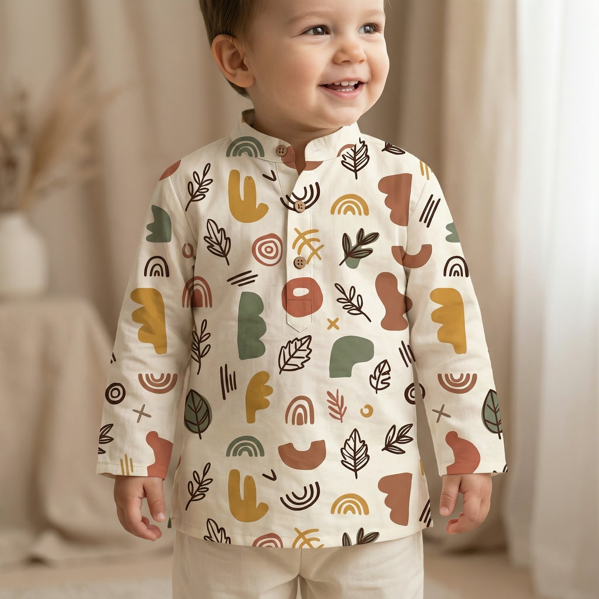 MiniBelly Kurta Pajama Set Boho abstract organic shapes with botanical leaf doodles 100% Cotton - minibelly