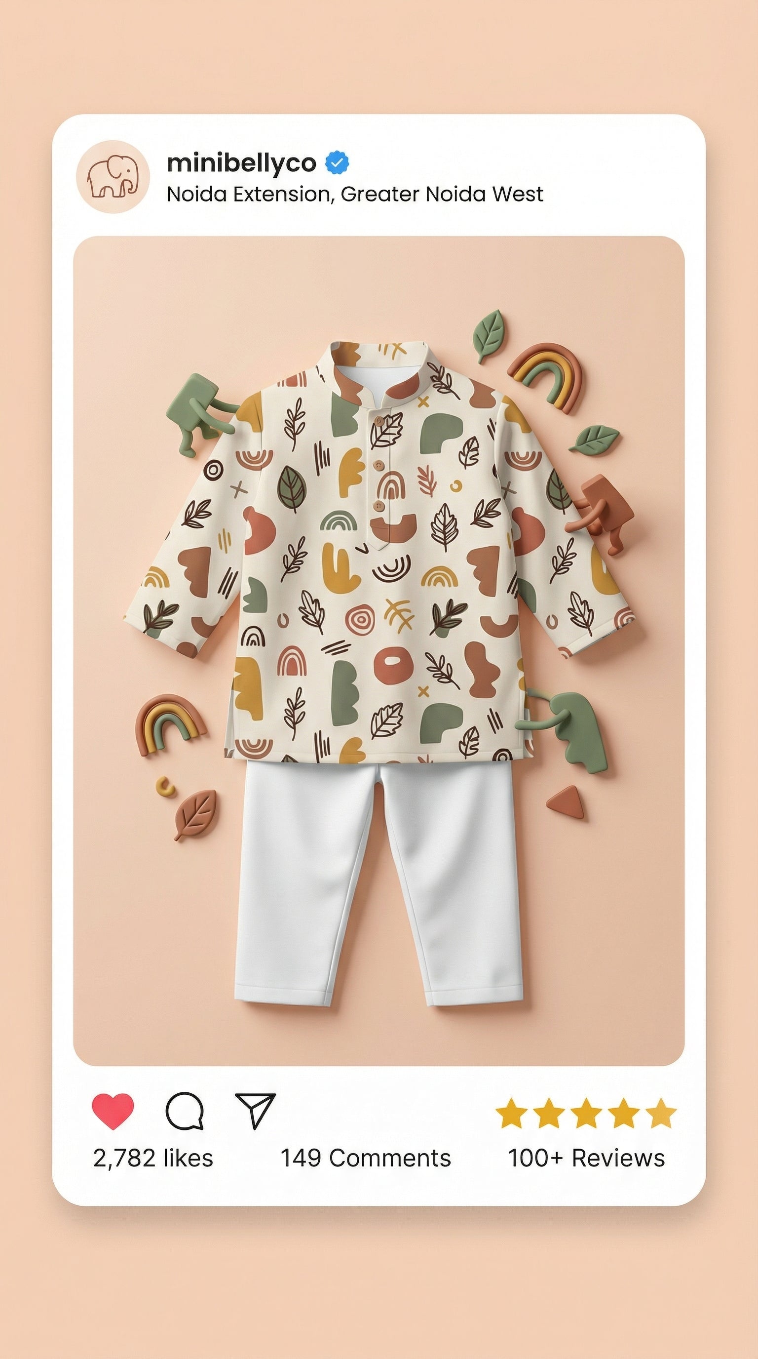 MiniBelly Kurta Pajama Set Boho abstract organic shapes with botanical leaf doodles 100% Cotton - minibelly