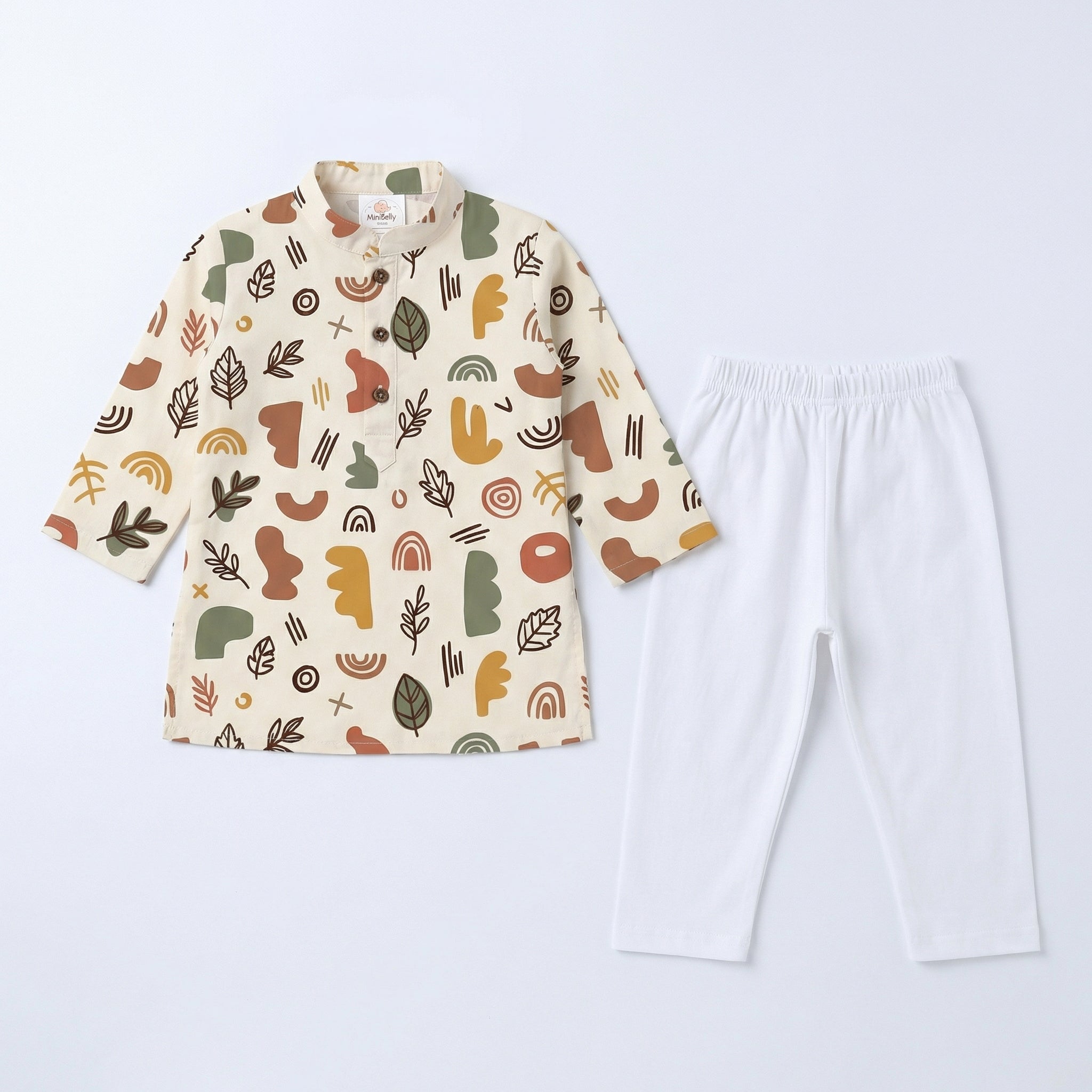 MiniBelly Kurta Pajama Set Boho abstract organic shapes with botanical leaf doodles 100% Cotton - minibelly