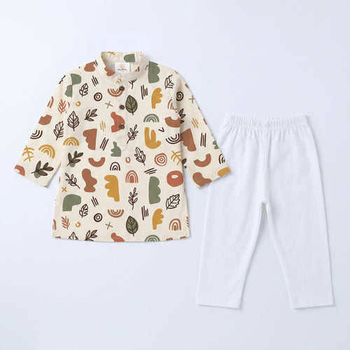 MiniBelly Kurta Pajama Set Boho abstract organic shapes with botanical leaf doodles 100% Cotton - minibelly
