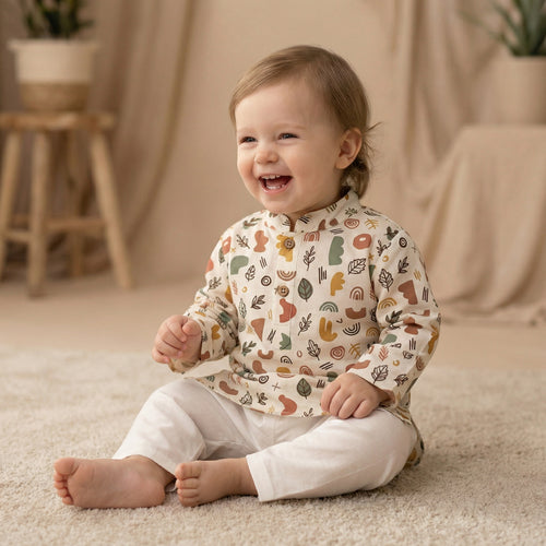 MiniBelly Kurta Pajama Set Boho abstract organic shapes with botanical leaf doodles 100% Cotton - minibelly