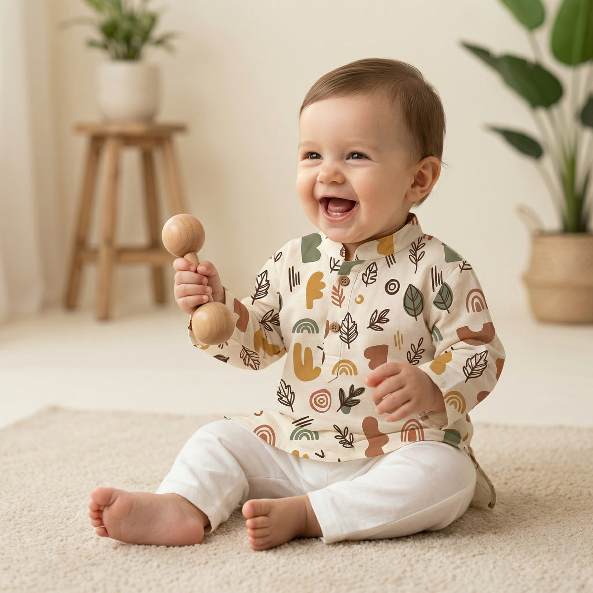 MiniBelly Kurta Pajama Set Boho abstract organic shapes with botanical leaf doodles 100% Cotton - minibelly