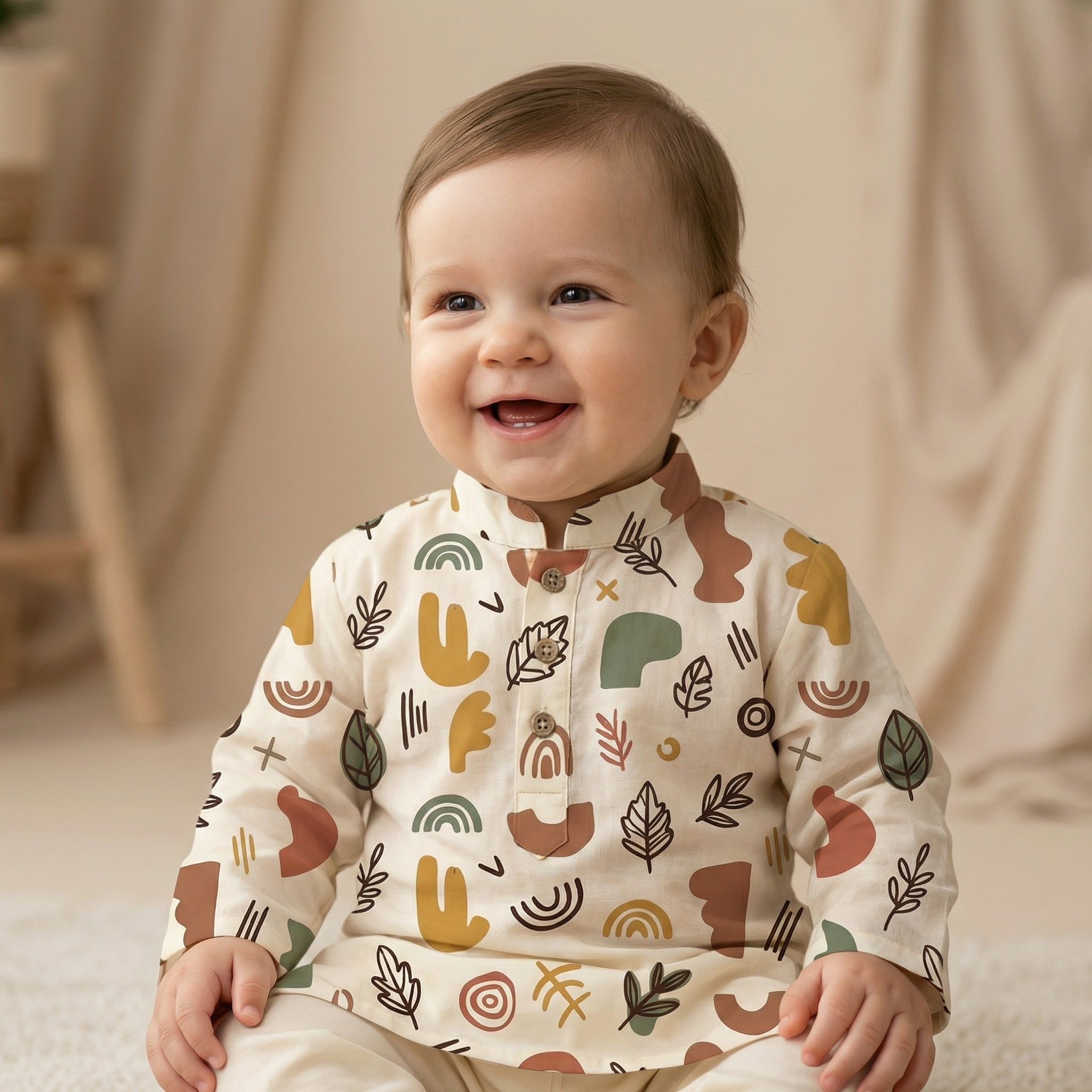 MiniBelly Kurta Pajama Set Boho abstract organic shapes with botanical leaf doodles 100% Cotton - minibelly