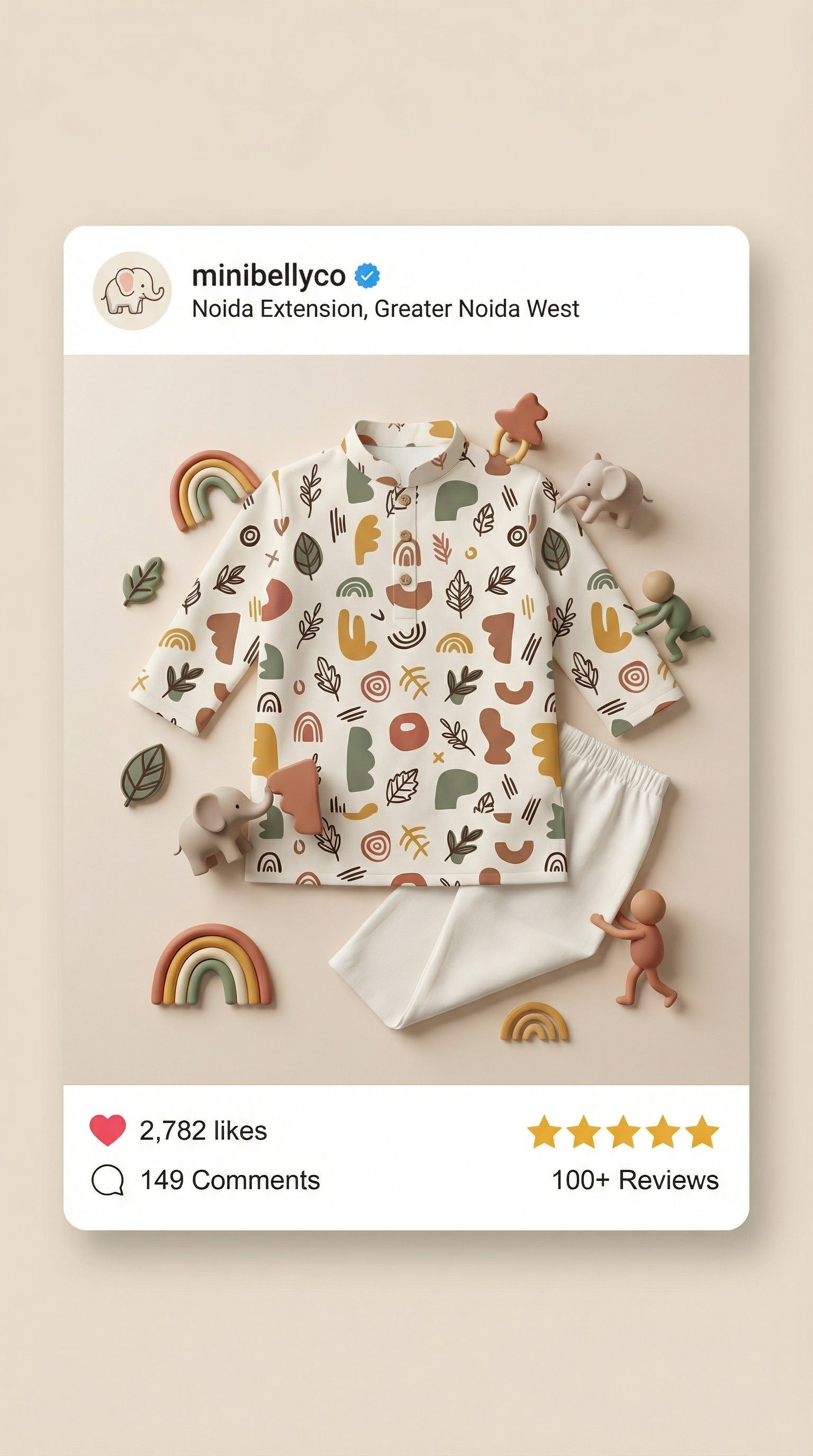 MiniBelly Kurta Pajama Set Boho abstract organic shapes with botanical leaf doodles 100% Cotton - minibelly