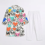 MiniBelly Kurta Pajama Set Playful doodle cartoon monsters holding colorful hearts on cream background 100% Cotton - minibelly